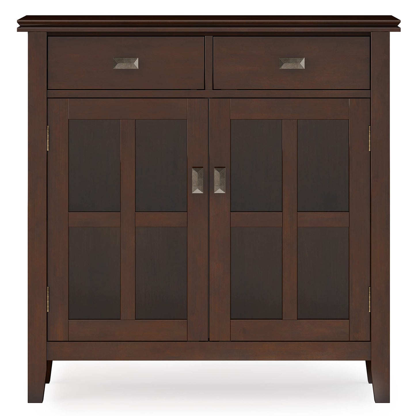 SIMPLIHOME Artisan Storage Cabinet - 36 inch Wide Solid Wood Entryway Cabinet in Russet Brown, Contemporary Console for Living Room or Hallway with 2 Drawers, Adjustable Shelves, and Glass Doors