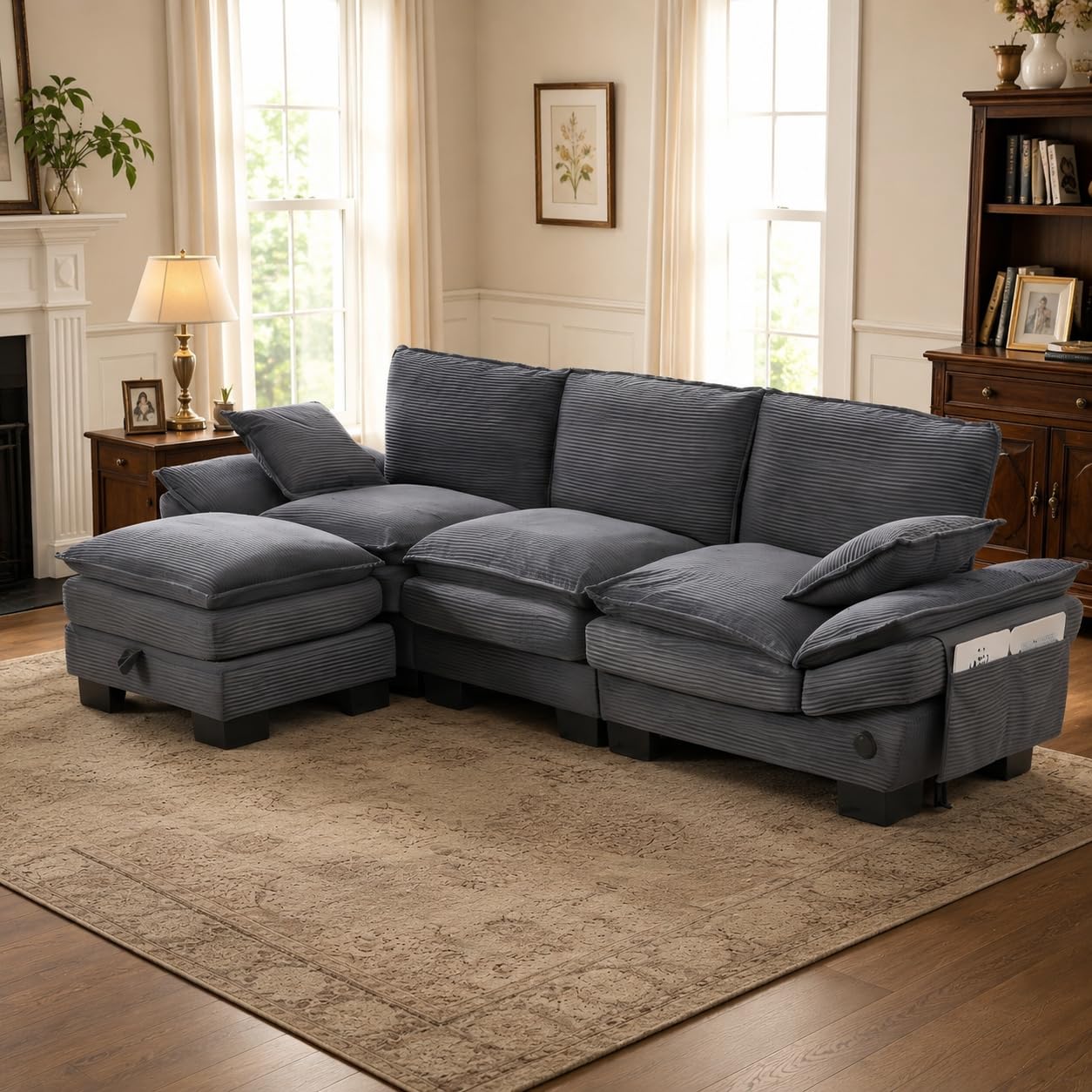102" Oversized Cloud Modular Sectional Sofa with Movable Ottoman, Free Combination Convertible L Shaped Corner Couch Sets,Comfy Corduroy Upholstered Gray Sofa & Couch for Living Room