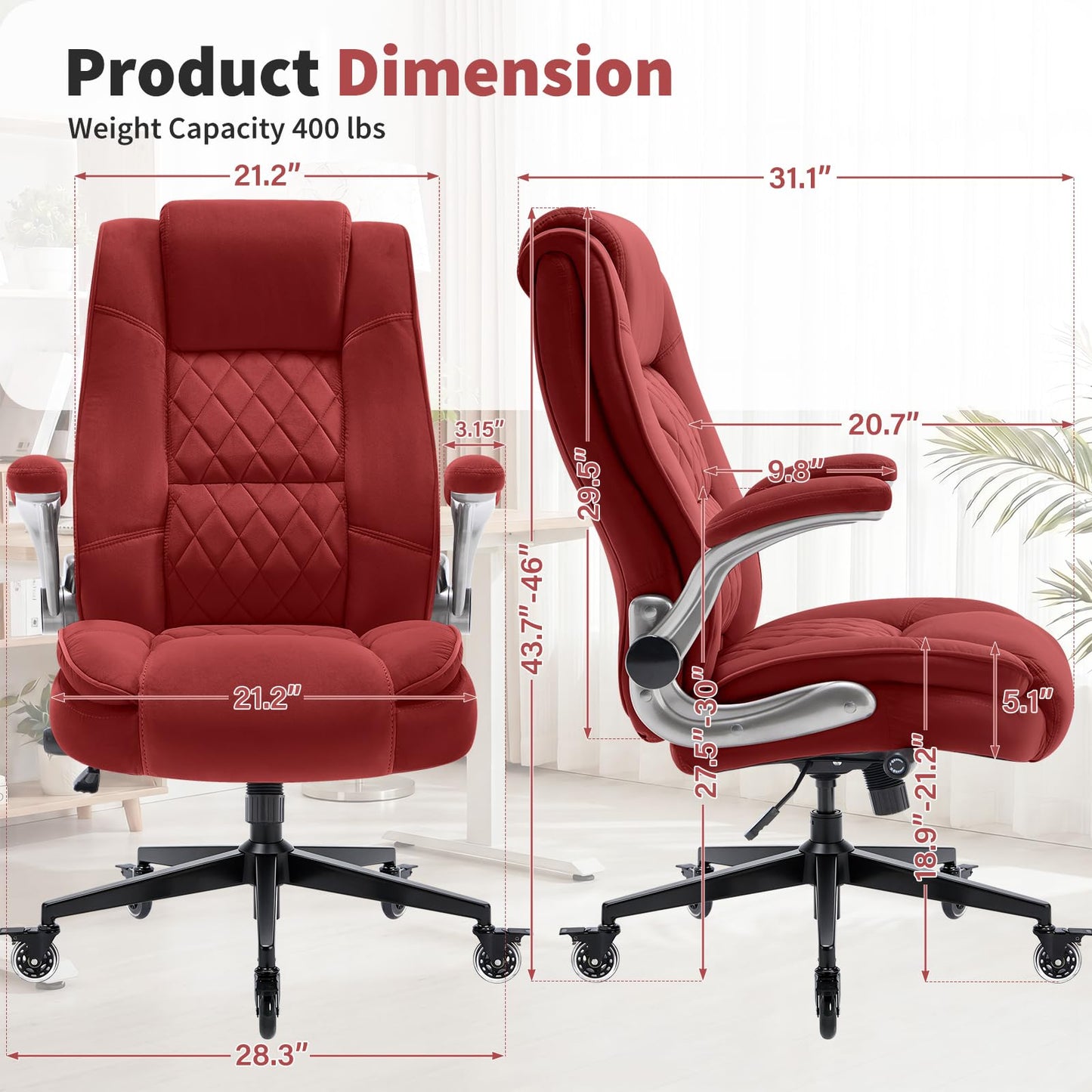 Fabric High Back Office Chair with Lockable Quiet Casters, Thick Padded Ergonomic Computer Chair- Adjustable Lumbar Support & Flip-Up Arms, Wide Executive Desk Chair for Back Pain, 400LBS Capacity