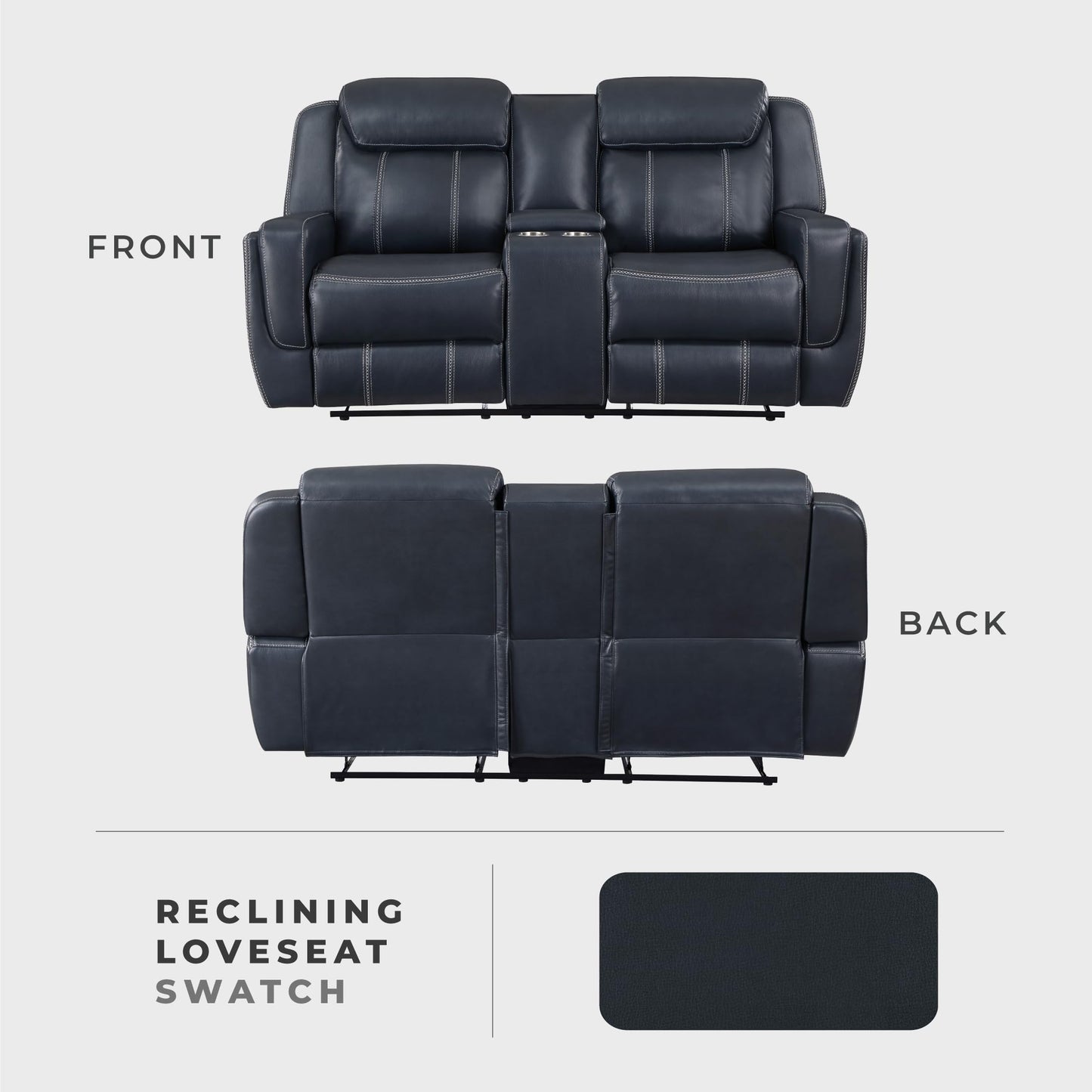 Lexicon Modern Double Reclining Loveseat, Faux Leather Recliner Loveseat with Headrest, Center Console, Receptacles and USB Ports, Manual Recliner Loveseat Sofa for Living Room/Office/Apartment, Blue