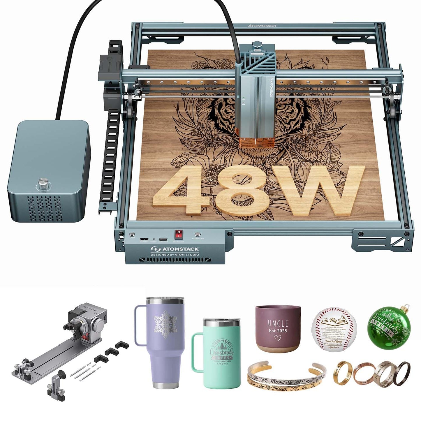 ATOMSTACK A40 Pro V2 48W Laser Engraver R8 Rotary Chuck, High Accuracy Laser Cutter and Engraving Machine with Auto Air Assist, Professional DIY for Wood, Metal, Acrylic, Stone, Leather and Jewelry