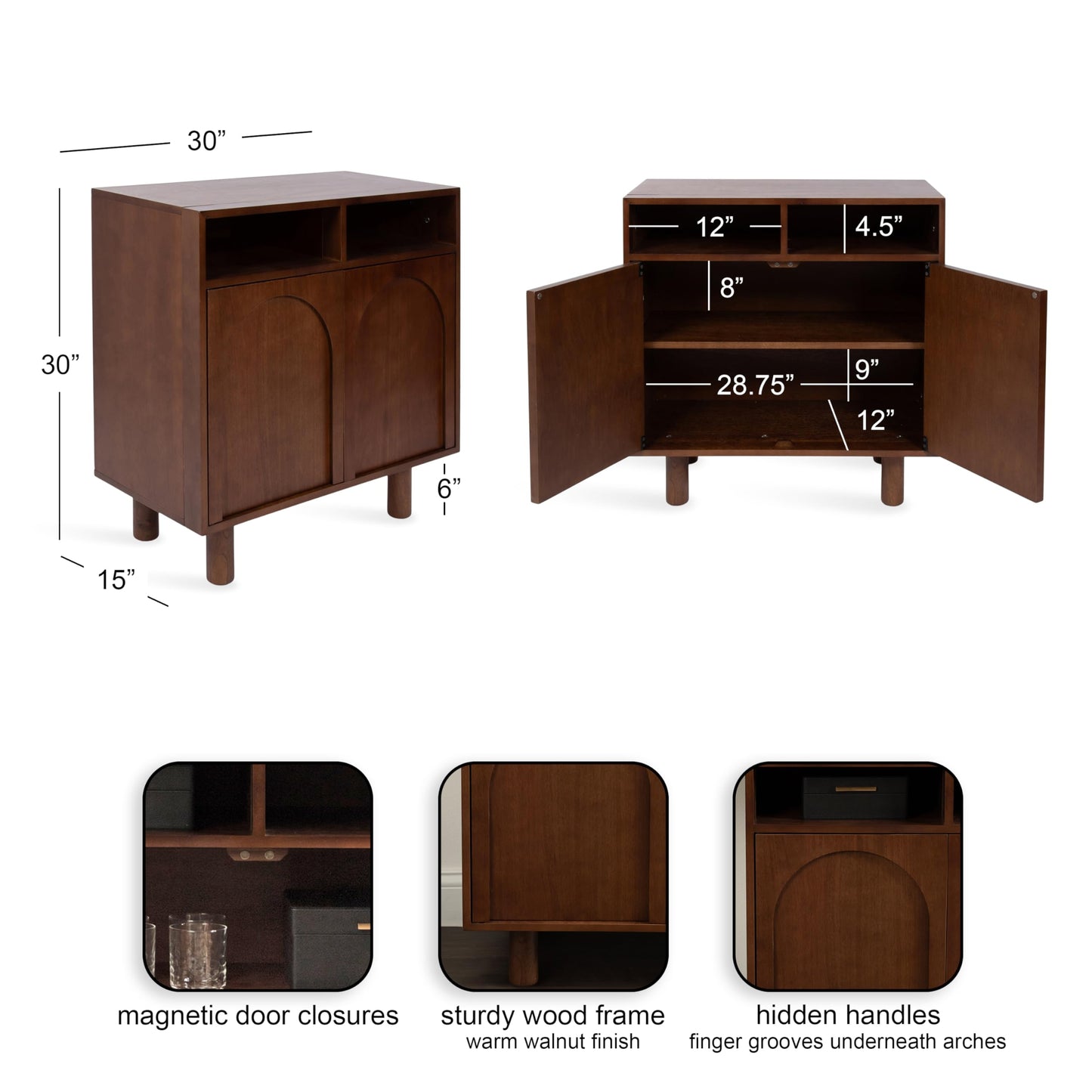 Kate and Laurel Cabernel Modern Two-Door Mango Wood Floor Storage Cabinet, 30 x 15 x 30, Walnut Brown, Living Room TV Stand with Arches for Use as Sideboard Buffet Cabinet or Bar Storage Buffet