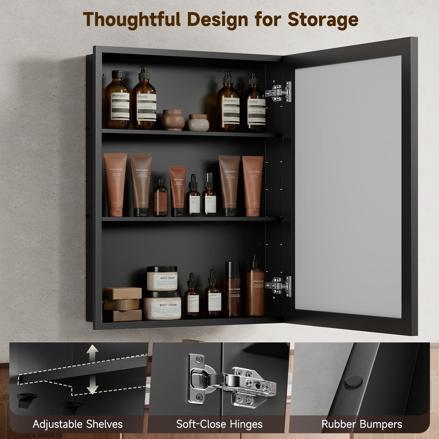20"x28"Black Medicine Cabinets for Bathroom with Mirror, Aluminum Alloy Framed Mirror, Recessed(18.85"x22.85")or Surface Wall-Mounted(20"x28") Metal Bathroom Vanity Mirror with Storage Cabinet