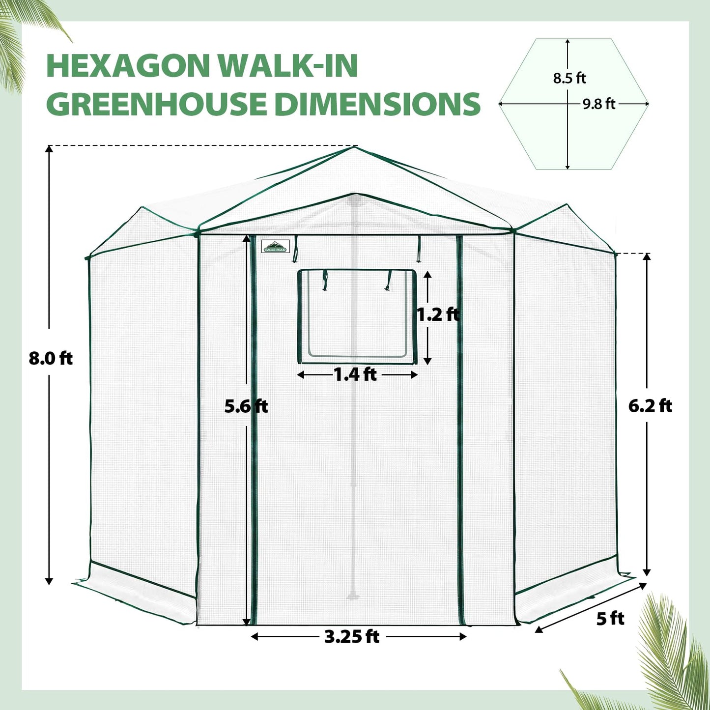 EAGLE PEAK 8.5x8.5 Portable Walk in Greenhouse, Pop Up Indoor Outdoor Greenhouse, Green House Kit with Zippered Roll-Up Doors and Windows, Hexagon Design, PE Cover, Clear/White