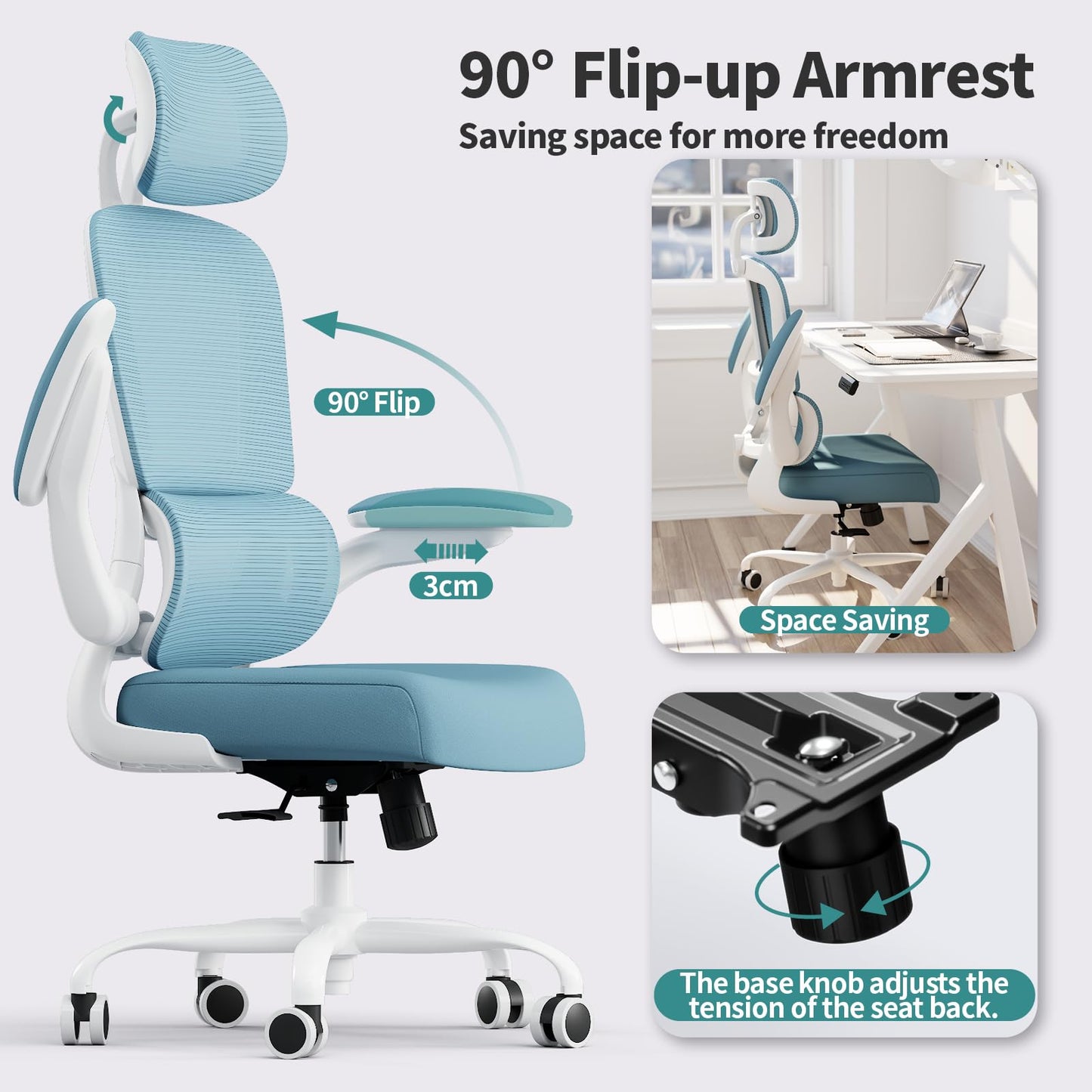 TRALT Office Chair Ergonomic Desk Chair, 330 LBS Home Mesh Office Desk Chairs with Wheels, Comfortable Gaming Chairs (Sky Blue)
