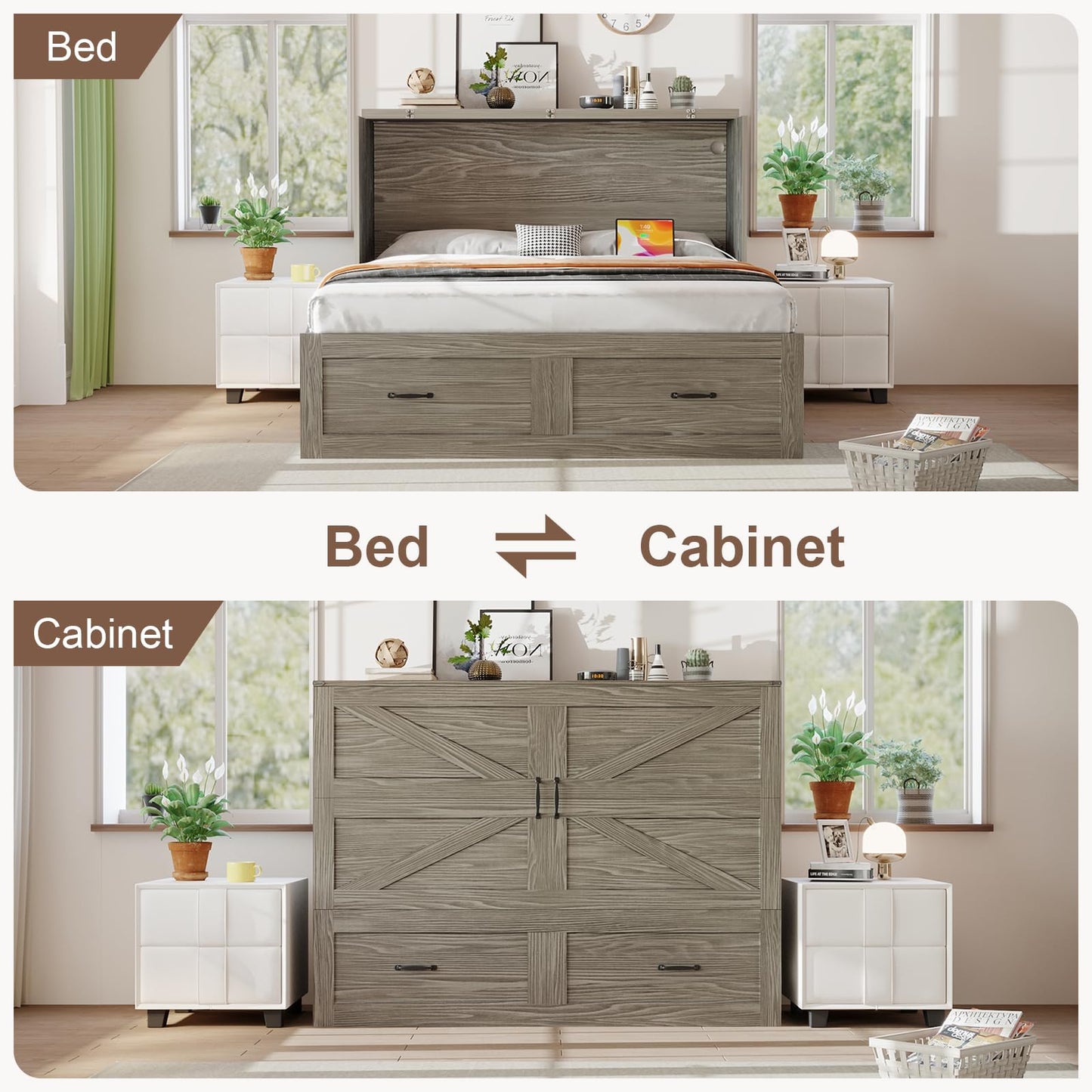 KCGKCG Queen Murphy Bed with Storage & Charging Station, Murphy Cabinet Bed with Large Storage Drawer for Guest Bedroom, Living Room, Office or Small Room, Full Foldable Platform Bed (Grey, Queen)