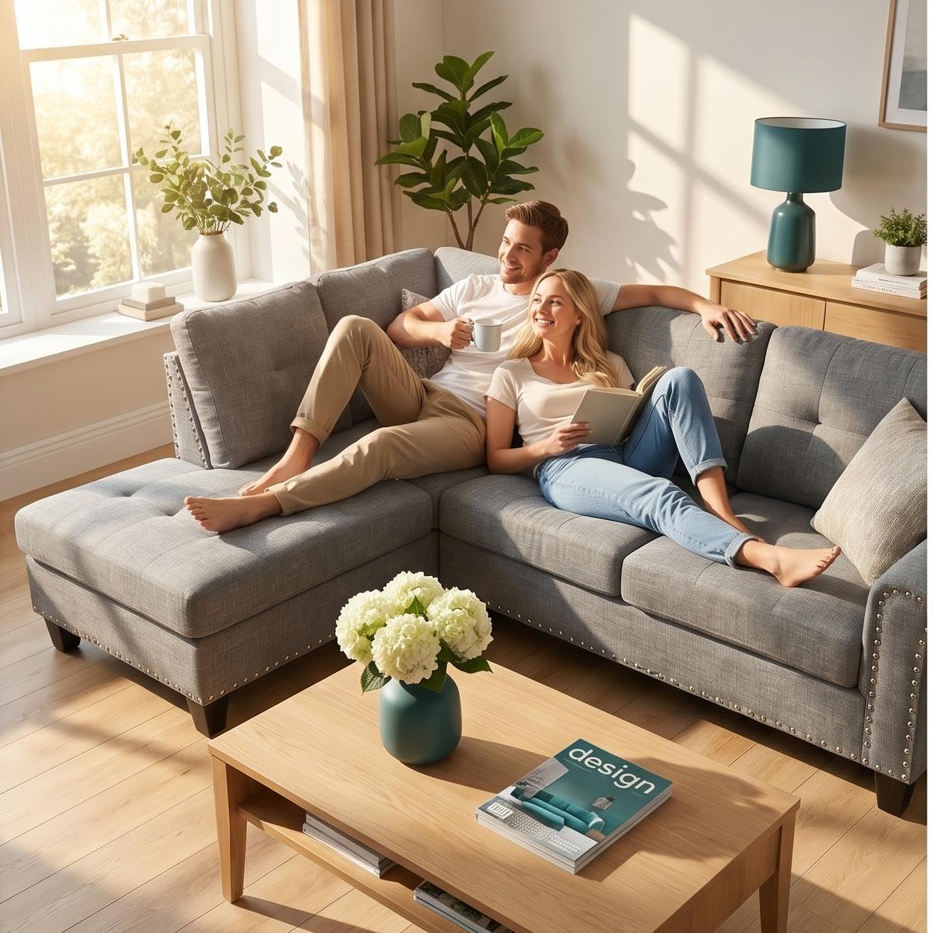 Trygoal L-Shaped Sectional Sofa, Modern 4-Seat Couch with Built-in Cup Holders, Upholstered Fabric Sectional Couch with Right Facing Chaise for Living Room, Apartment, Office, Brown Grey