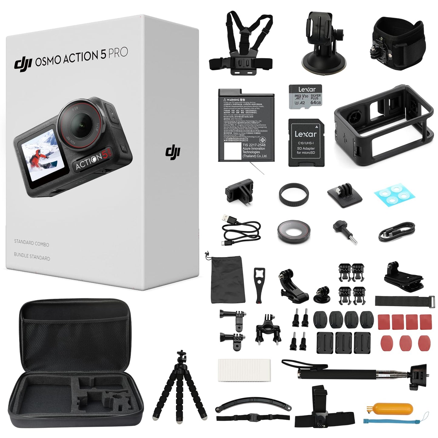 DJI Osmo Action 5 Pro Waterproof Action Camera Bundle, 1/1.3" Sensor, 4K/120fps Video, Subject Tracking, 47GB Built-in Storage, Original Standard Combo + 58 Piece Accessory Kit + Extra 64GB Card