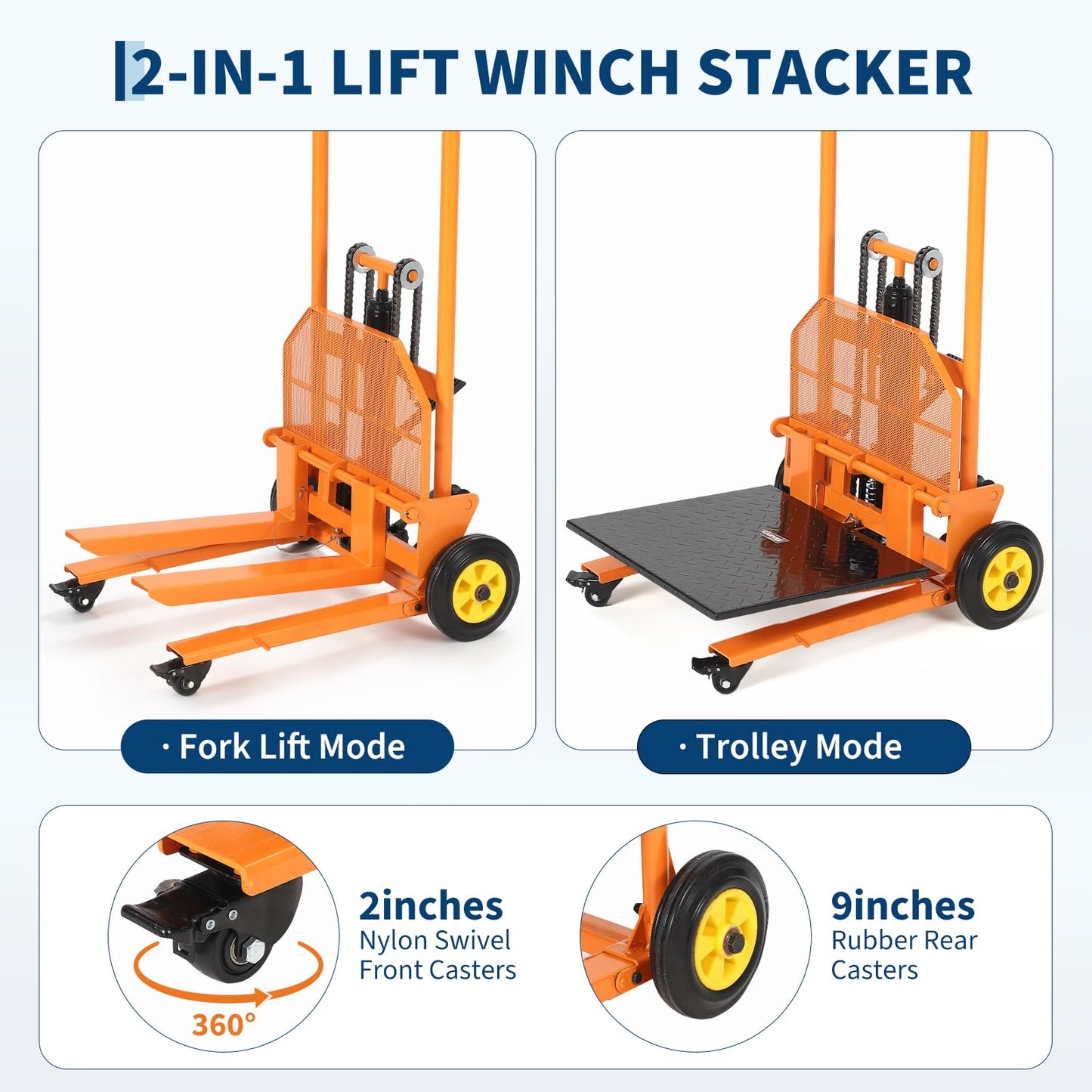 450LBS Hydraulic Material Lift Dolly-Adjustable Manual Fork Winch Stacker,Pallet Truck Fork Lift Dolly Cart with Removable Platform, 36" Max Lift