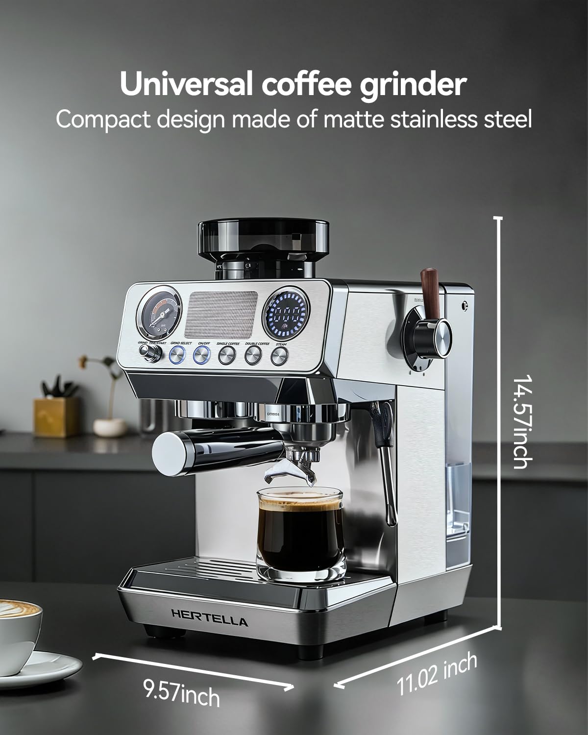 HERTELLA Espresso Machine with Burr Grinder, 20 Bar Visual Pressure Gauge, Milk Frother Steam Wand, Stainless Steel, 4 Temperature Modes (Hot and Cold Brew), Automatic Pressure Release Function