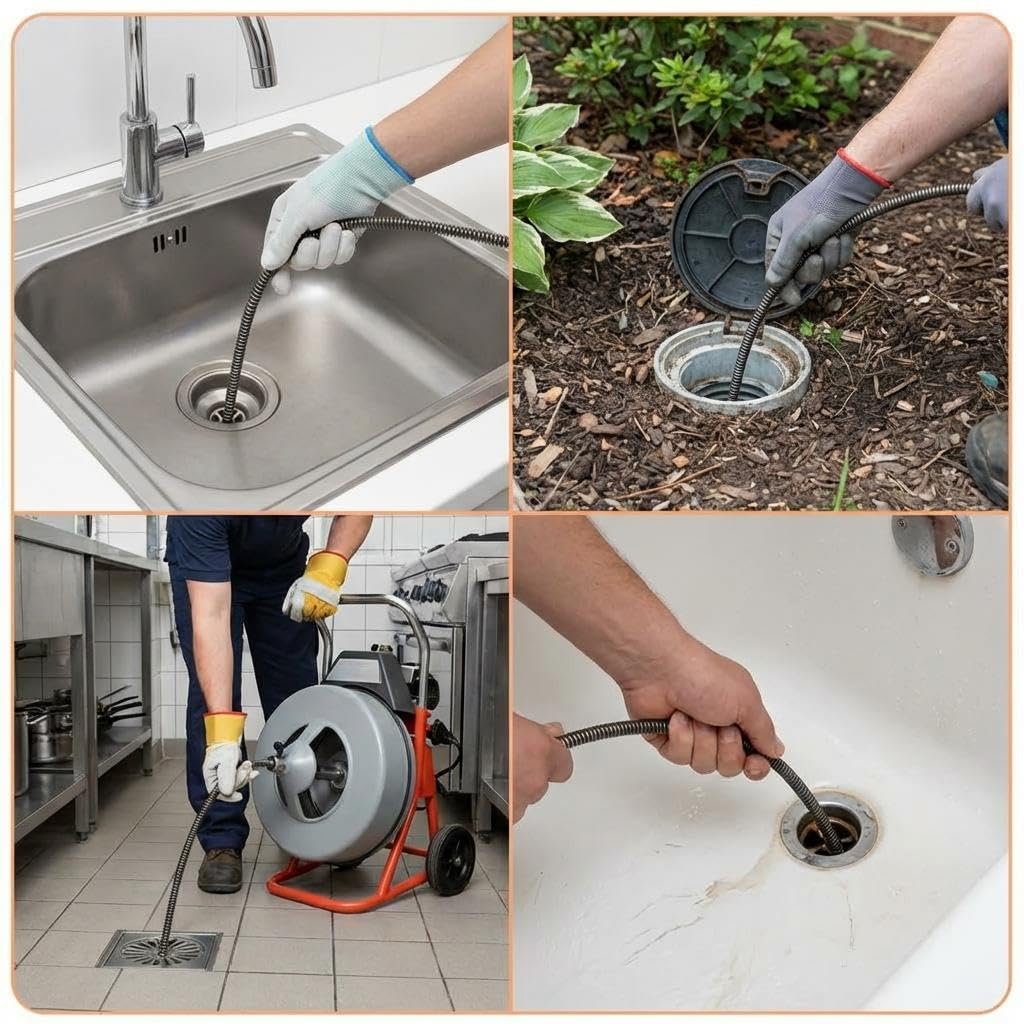 50ft x 1/2" Auto-Feed Drain Snake Cleaning Machine - 450W Electric Sewer Auger with 4 Cutters & Wheels for Sink, Toilet, Floor Drain