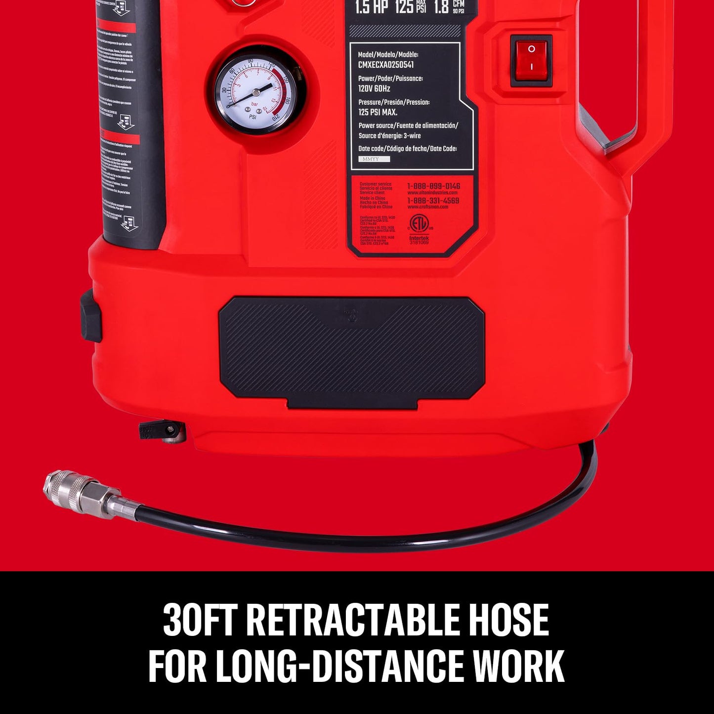 CRAFTSMAN Wall Mount Air Compressor With 8 PCS Accessory Kit, Tire Inflator Portable & Quiet Air Compressor with Retractable 30ft Air Hose, Mini Tank 125 PSI MAX Pressure & 1.5 HP for Garage and Home