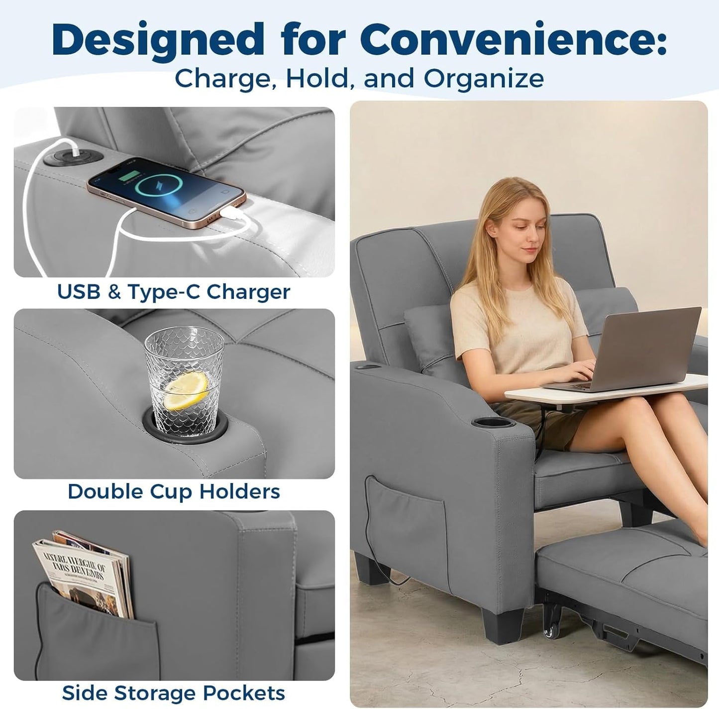 Sleeper Chair Pull Out Bed, 4 in 1 Convertible Sofa Chair Bed with Vibration Massage Lumbar Pillow, Single Sofa Recliner with USB/Type-C Port, Cup Holders and Side Pocket for Small Spaces (Grey)