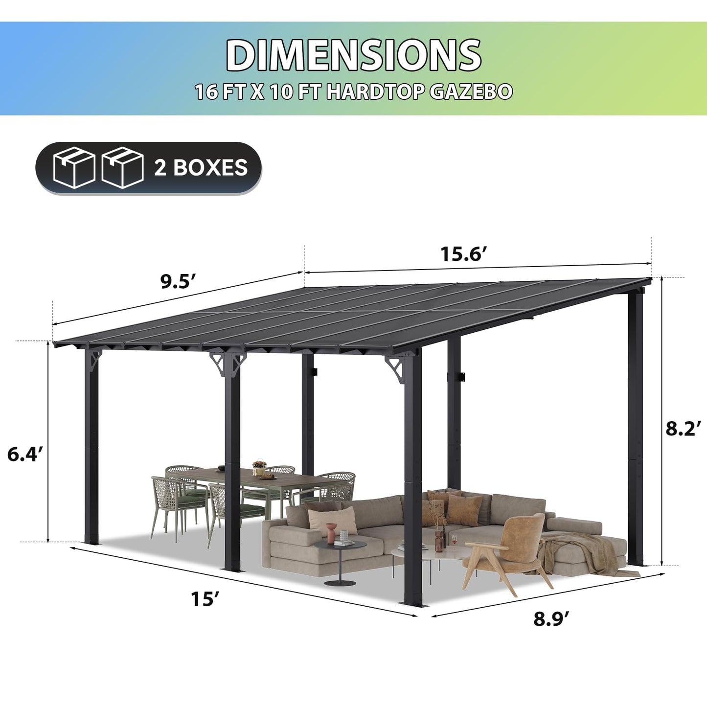 Aoxun 16'x 10' Premium Gazebo with Aluminum Top Frame & Polycarbonate Panel, Wall Mounted Gazebos Pergola, Outdoor Patio Lean to Gazebo, Awnings with Sloped Roof, for Backyard, Porch, Deck