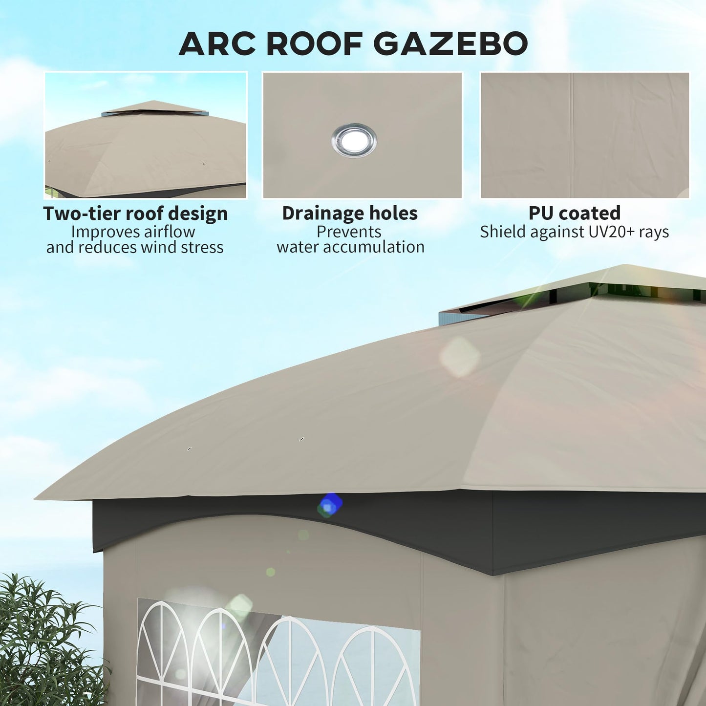 Outsunny 11' x 11' Outdoor Gazebo, Arc Patio Gazebo Canopy Shelter, UV Protected, with Curtains, Church Windows, Double Roof, Galvanized Steel Frame for Lawn, Backyard and Deck, Light Gray