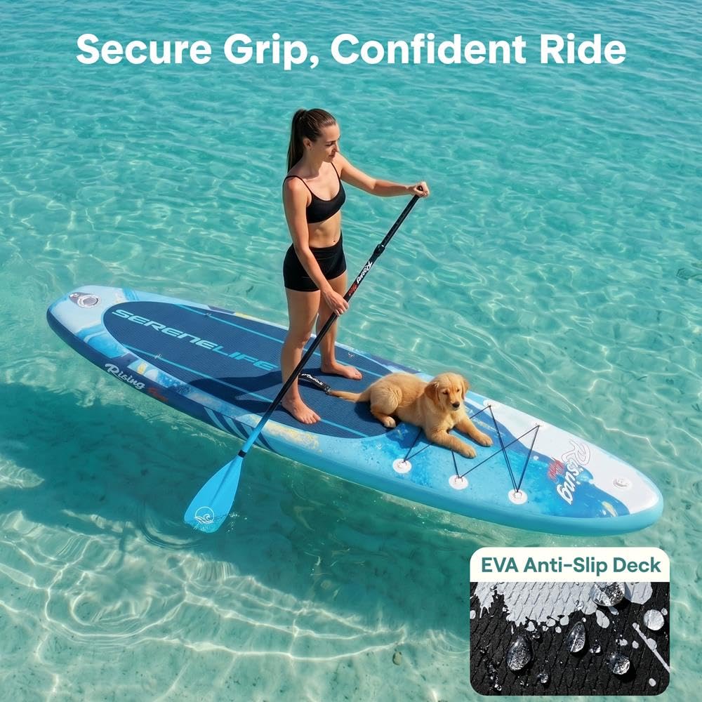 SereneLife Inflatable Stand Up Paddle Board - Wide Stable Design, Non-Slip Deck for Adults & Youth with Premium Paddle Board Accessories: Carry Bag, Dual Action Pump, Paddle, Ankle Leash - 10'6"