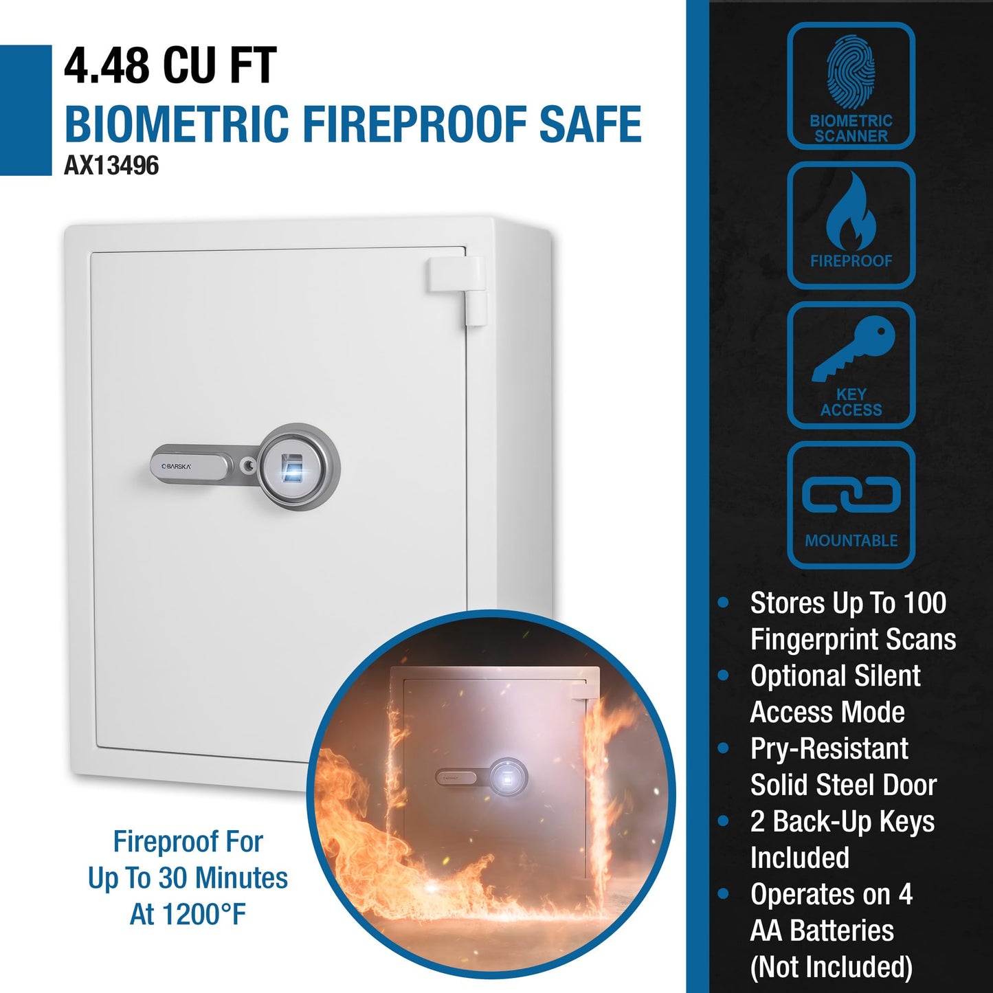 Barska 4.48 Cu. Ft. Biometric Fireproof Safe – White Fingerprint Security Safe 100-User Memory, Fire Rating 30 Min @ 1200°F, Steel Locking Bolts, Key Hooks & Carpeted Interior Fire Safe Jewelry