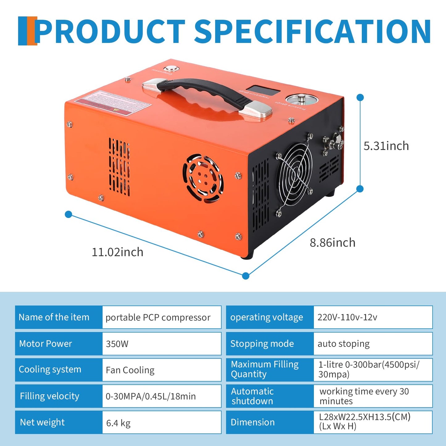 PCP Air Compressor, 4500PSI/30Mpa, 350W Oil-Free Fast Fill Pump with Auto Shut-Off, Dual Power 12V DC & 110V/220V AC, Portable Air Pump for Airguns, Air Rifle, Paintball, HPA Tanks(Compact)