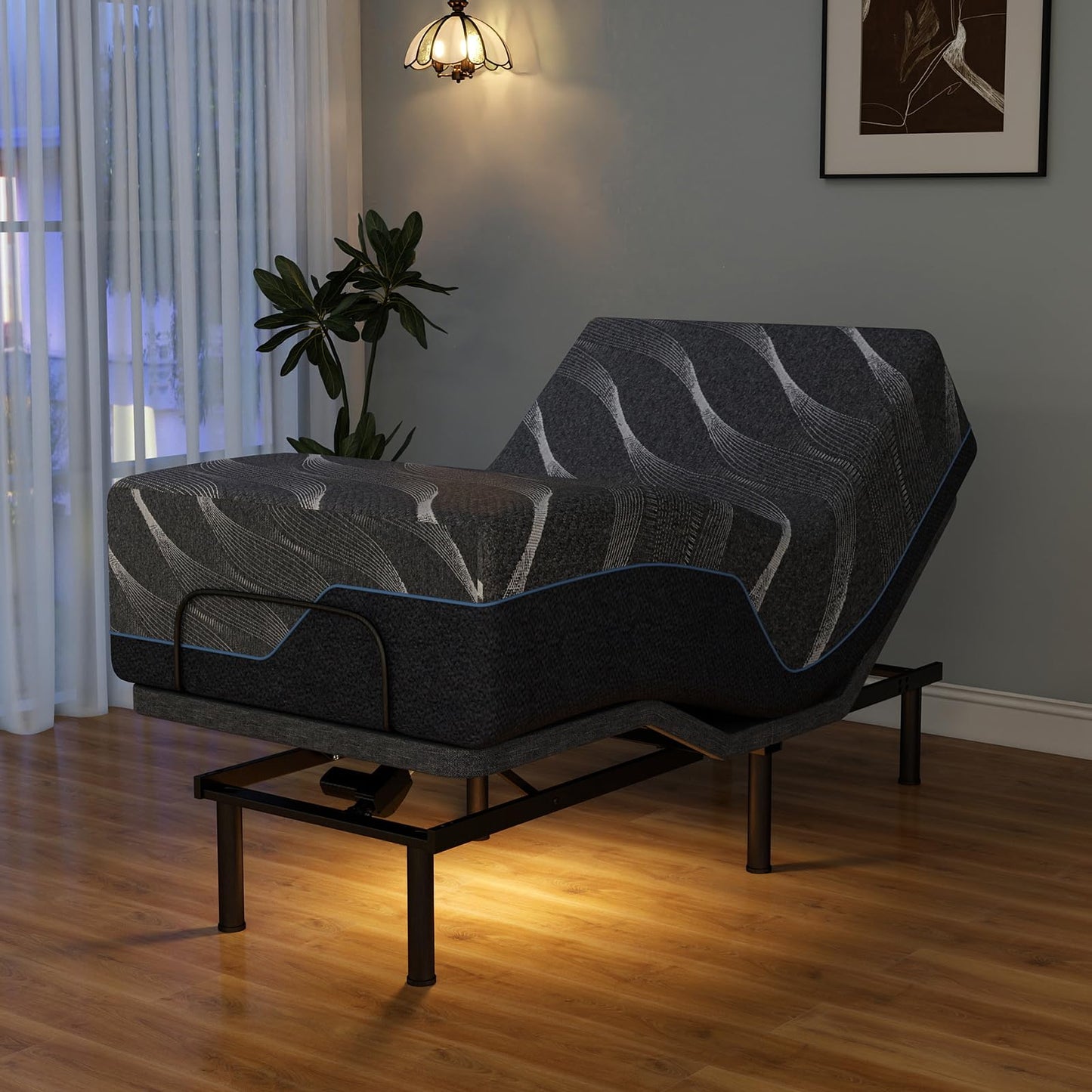 Vipbear Adjustable Bed Base Twin XL Massage with 12" Gray Mattress Dual Head & Foot Lift Electric Bed Frame with Wireless Remote | 0 Gravity | Anti-Snore | Under Bed LED | USB Ports