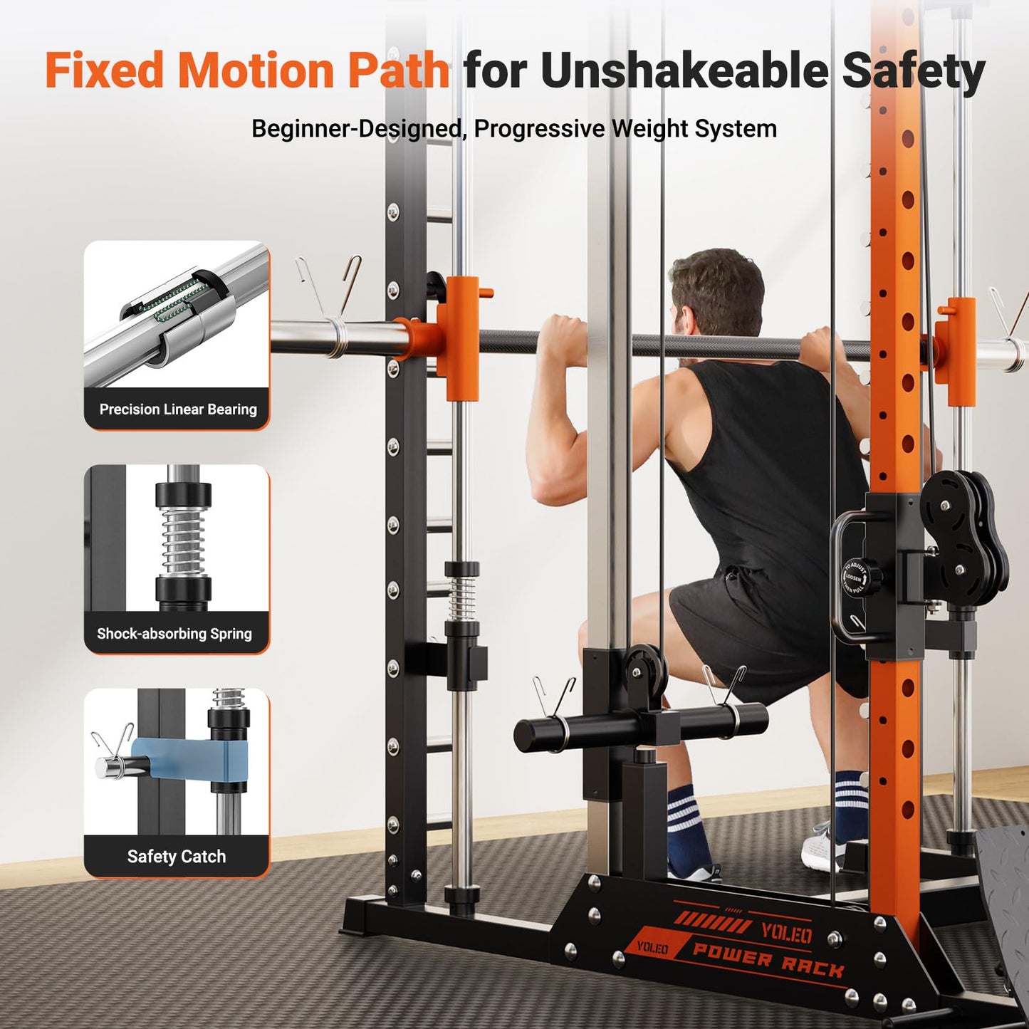 YOLEO Smith Machine with Independent Dual-Pulley System, 1700LBS Adjustable Cable Crossover Squat Rack, Multi-Functional Power Cage for Home Gym with More Workout Equipment LAT Pulldown Bar & Dip Bar