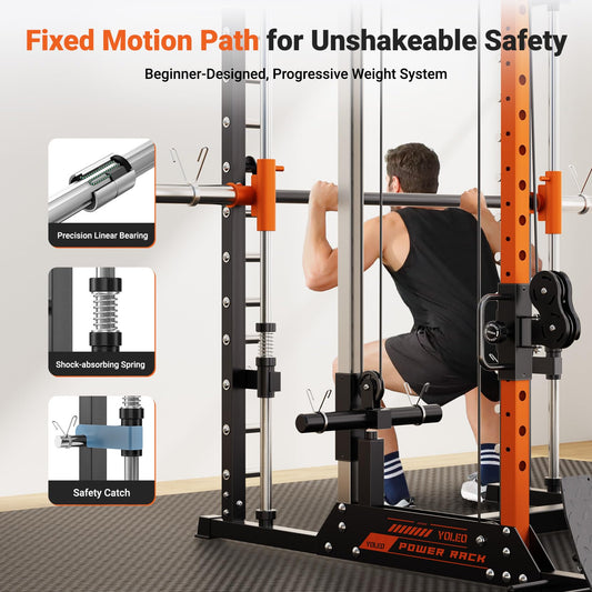 YOLEO Smith Machine with Independent Dual-Pulley System, 1800LBS Adjustable Cable Crossover Squat Rack, Multi-Functional Power Cage for Home Gym with More Workout Equipment LAT Pulldown Bar & Dip Bar