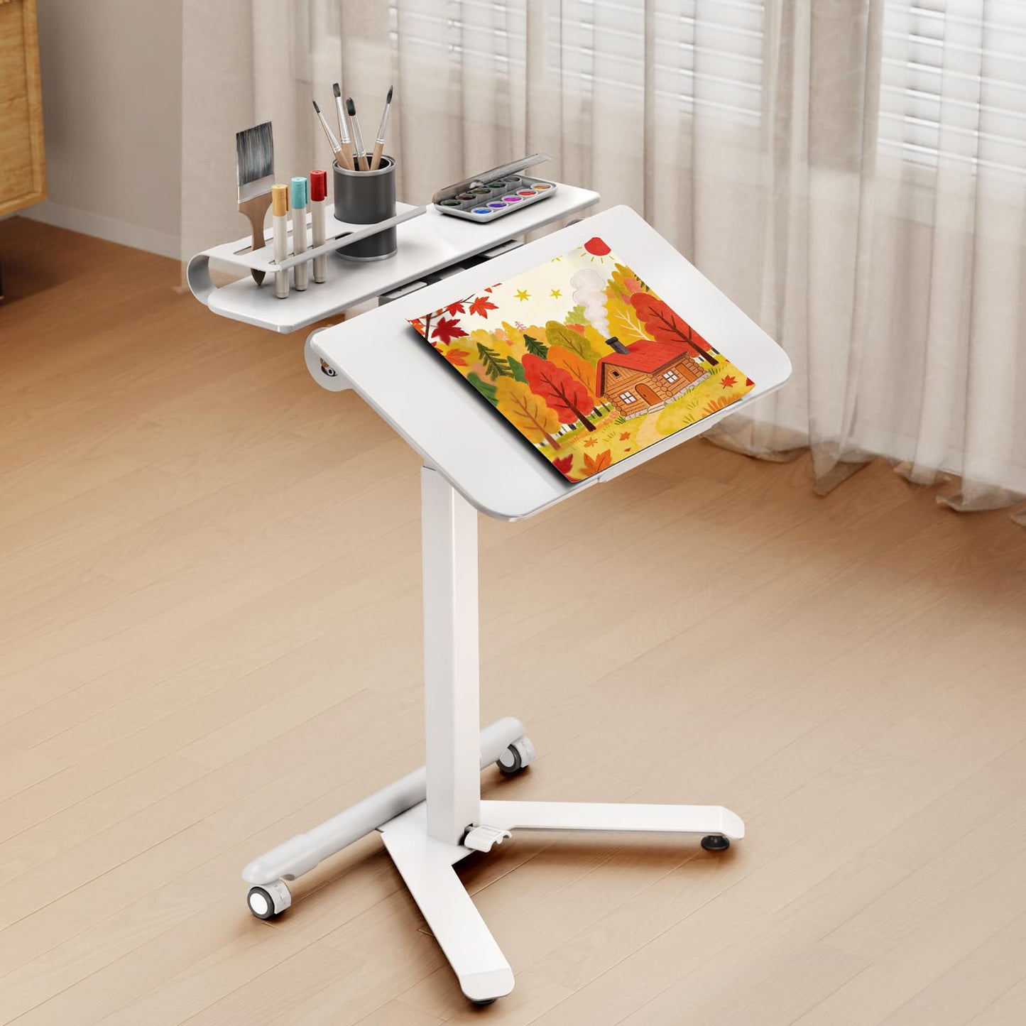 ROMOON Rolling Standing Desk with Wheels, Portable 24 inch Sit-Stand Laptop Cart with Tilt Top and Storage, Mobile Compact Workstation for Home Office and Small Spaces (White)