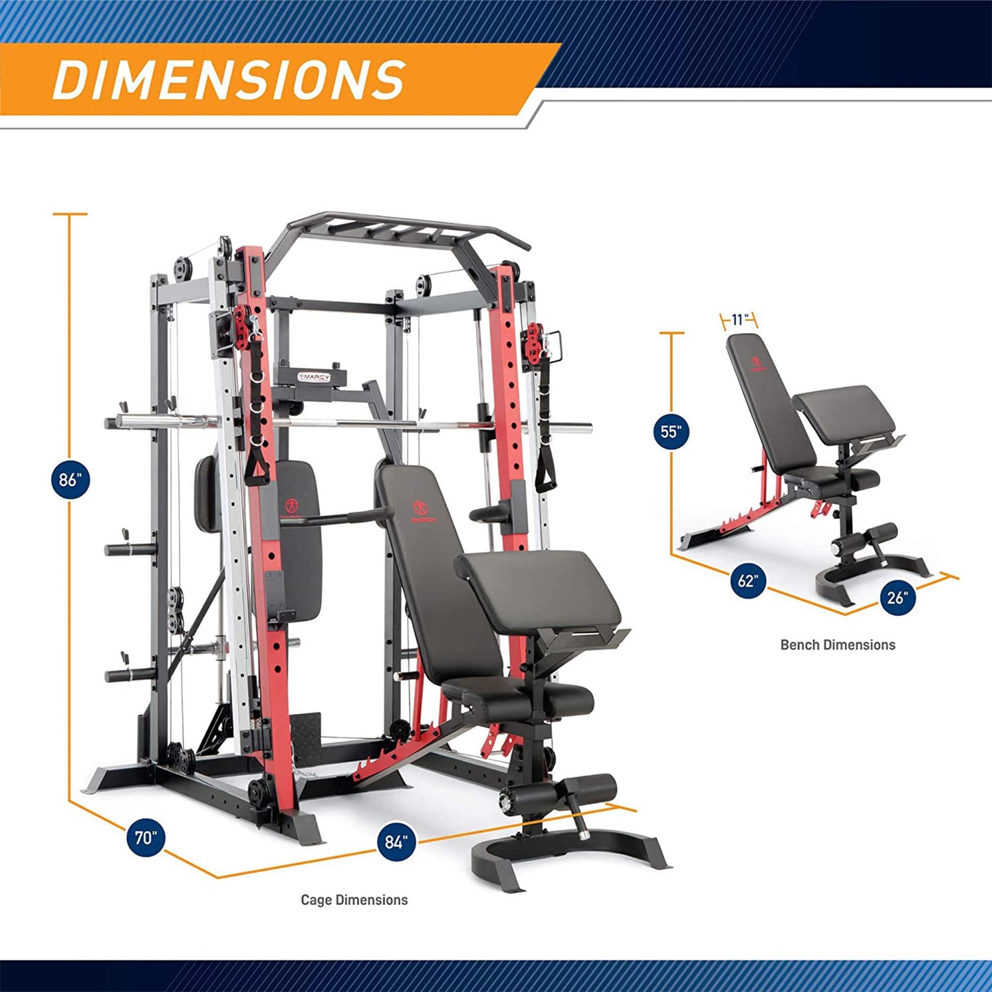 Marcy Smith Machine Power Cage, All-in-One Home Gym Equipment with Heavy-Duty Steel Frame - Full Body Strength Training Station with Adjustable Weight Bench, Pull-Up and Dip Bars, 300 lb Capacity
