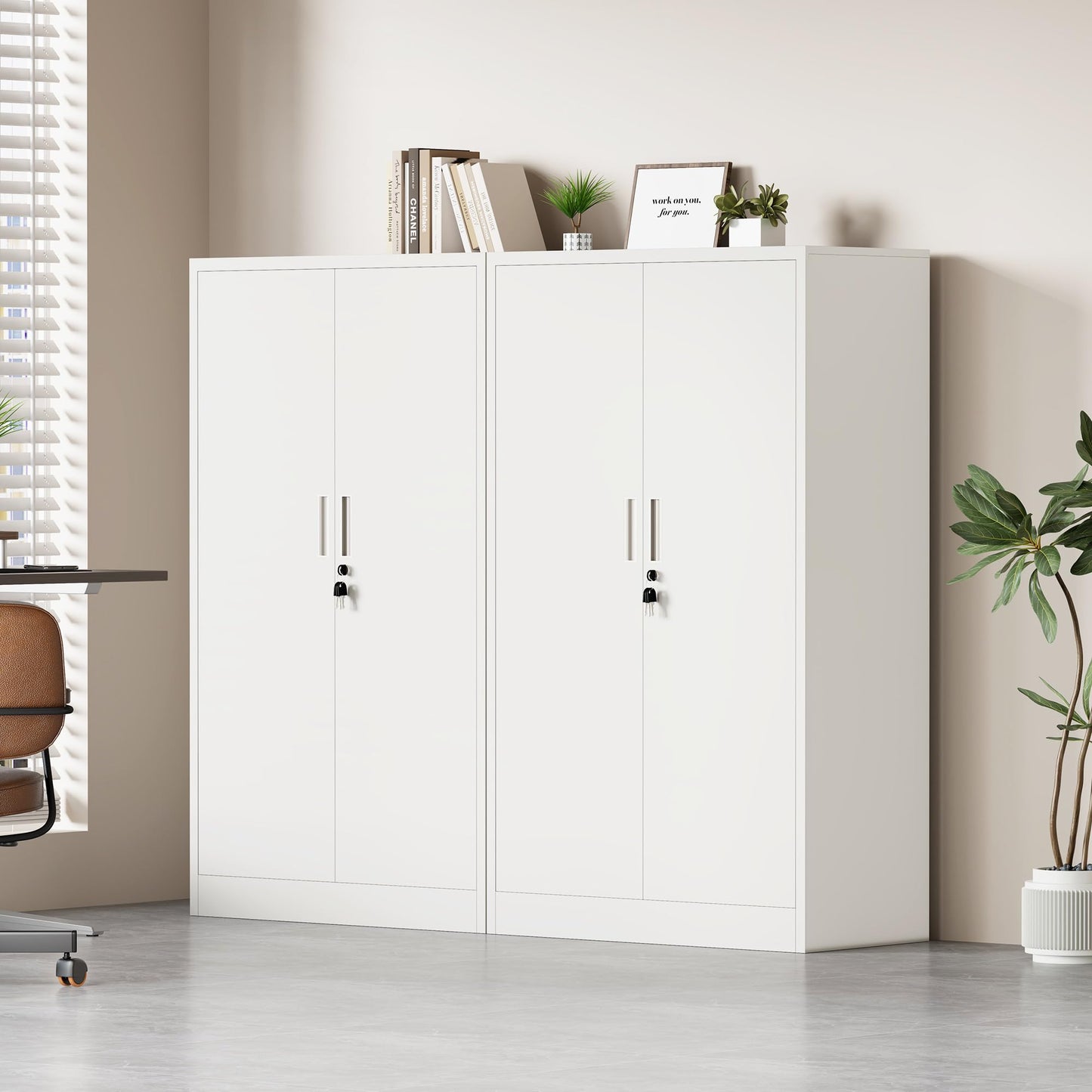 JINKUR Metal Storage Cabinet with Locking Doors and 3 Adjustable Shelves, Lockable Storage Cabinets for Home Office Garage Kitchen Pantry (White)