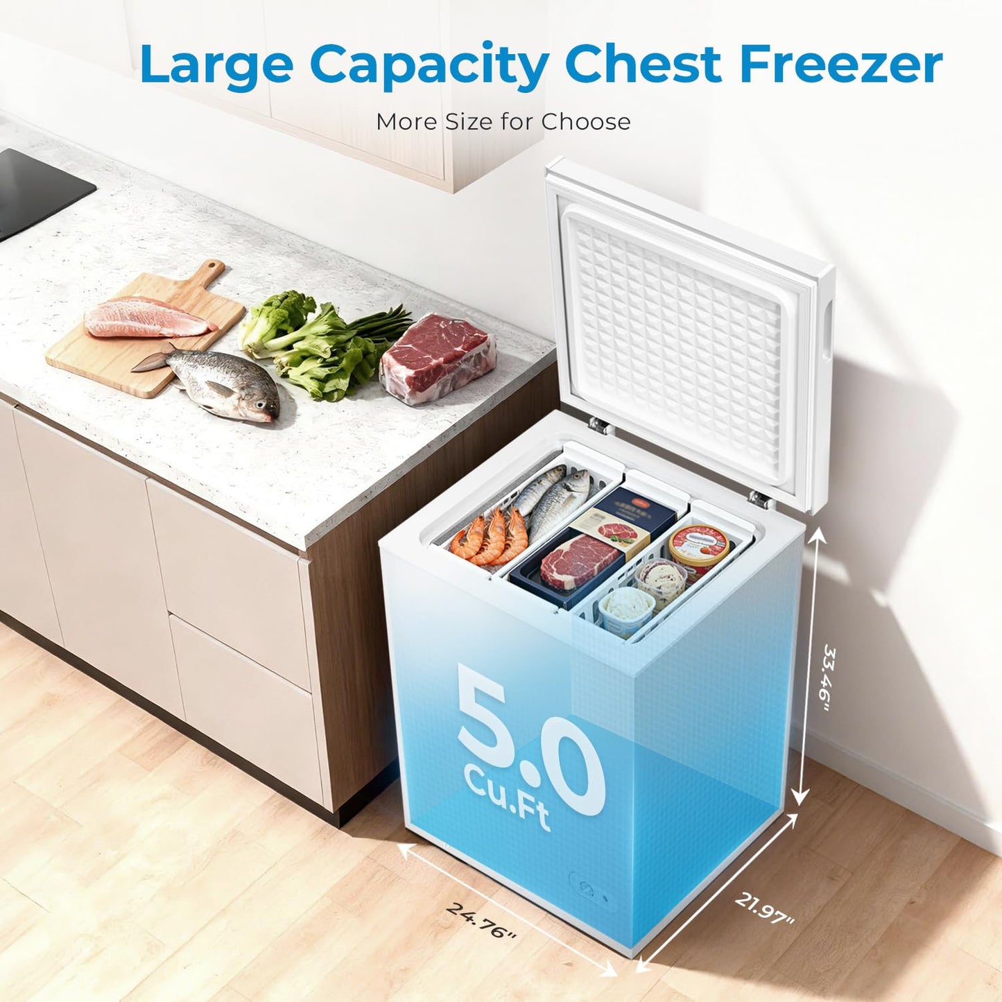 Antarctic Star Chest Freezer 5.0 Cubic Feet Compact Freezer with Removable Baskets, Top Open Door Deep Freezer, Adjustable Temperature for Home Dorm, Bar, Basement, Kitchen, White