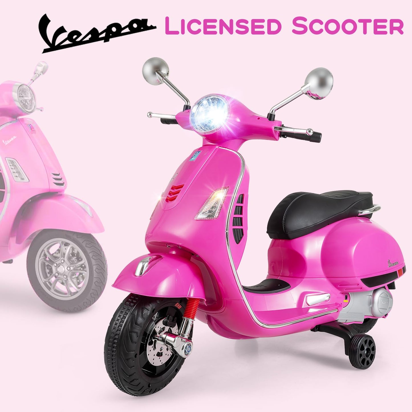 Licensed Vespa 12V Kids Motorcycle by INFANS with Training Wheels, Music, Story, Horn, Lights for 3-6 Years (Pink)