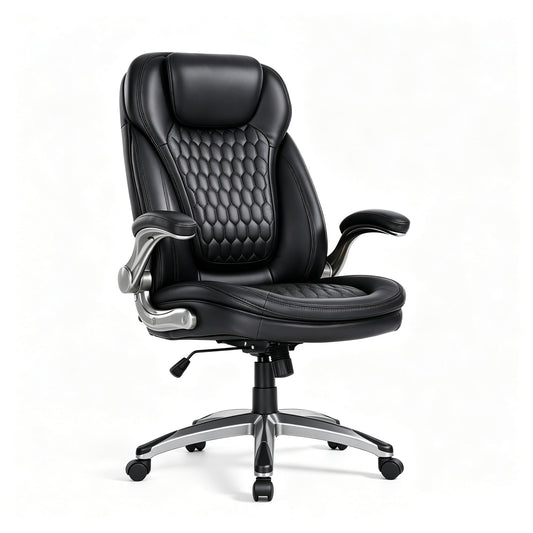 COLAMY Executive Office Chair, Bonded Leather Desk Chair with Flip-Up Arms, Lumbar Support, Ergonomic Tilt & Tension Control for Home Office