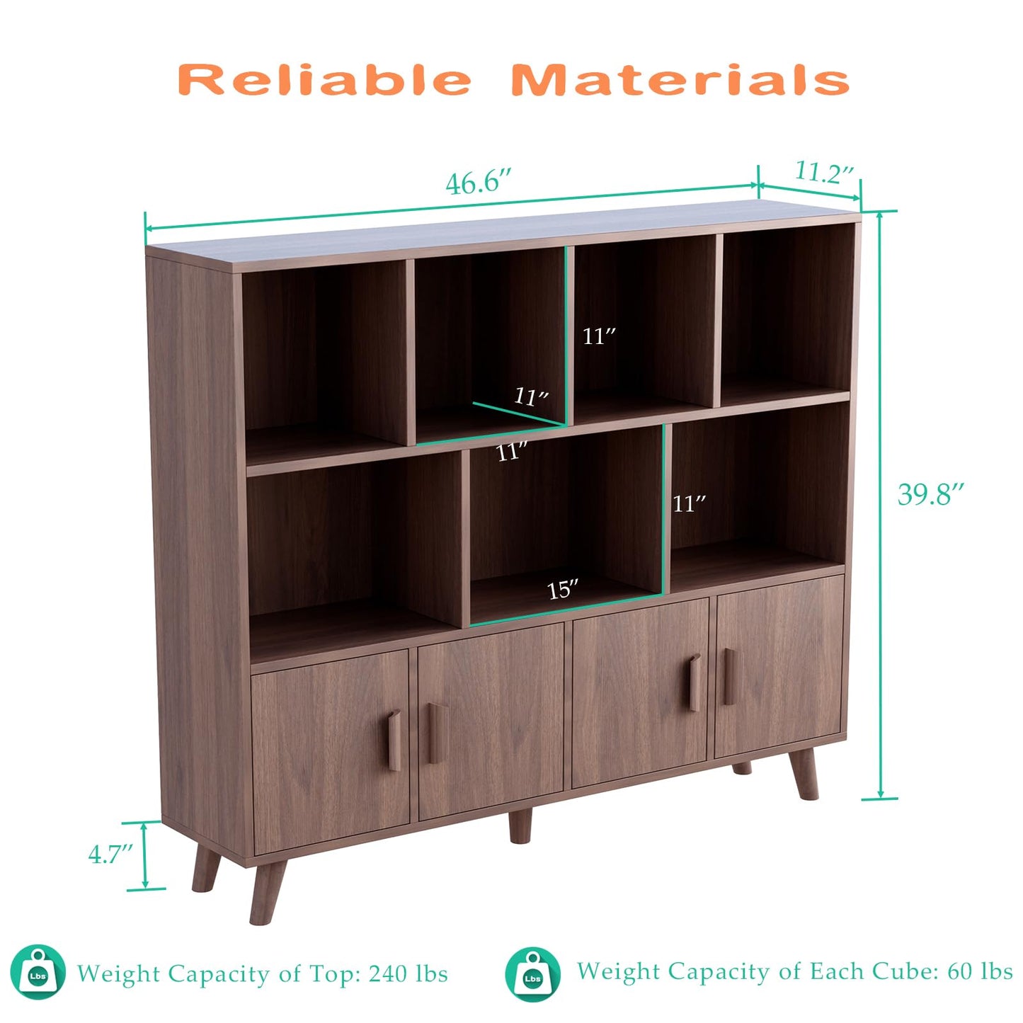 OSCHF Cubby Shelf Bookcase with Doors - Wooden 11 Cube Floor Standing Open Bookshelf with Solid Wood Legs, 3-Tier Storage Cabinet, Walnut
