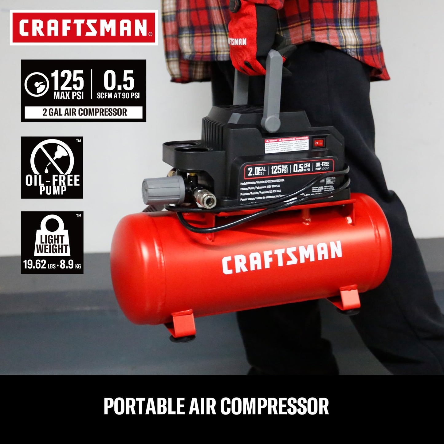 Craftsman 2 Gallon Portable Air Compressor, 1/3 HP 125 PSI Max Oil-Free Air Compressor with 11 Piece Accessory Kit, Compact Hot Dog Tank for Home DIY, Tire Inflation, Nailing, CMXECXA0200243A
