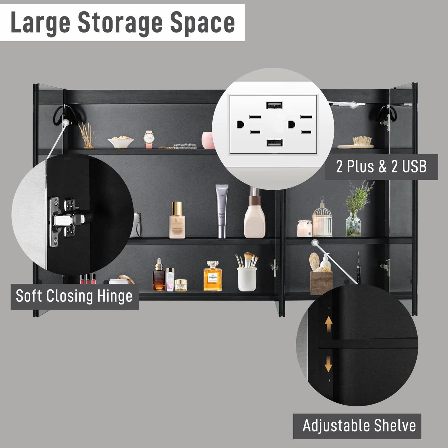Karl home Black LED Mirror Medicine Cabinet, 48x28 Inch 3 Door Bath Cabinet