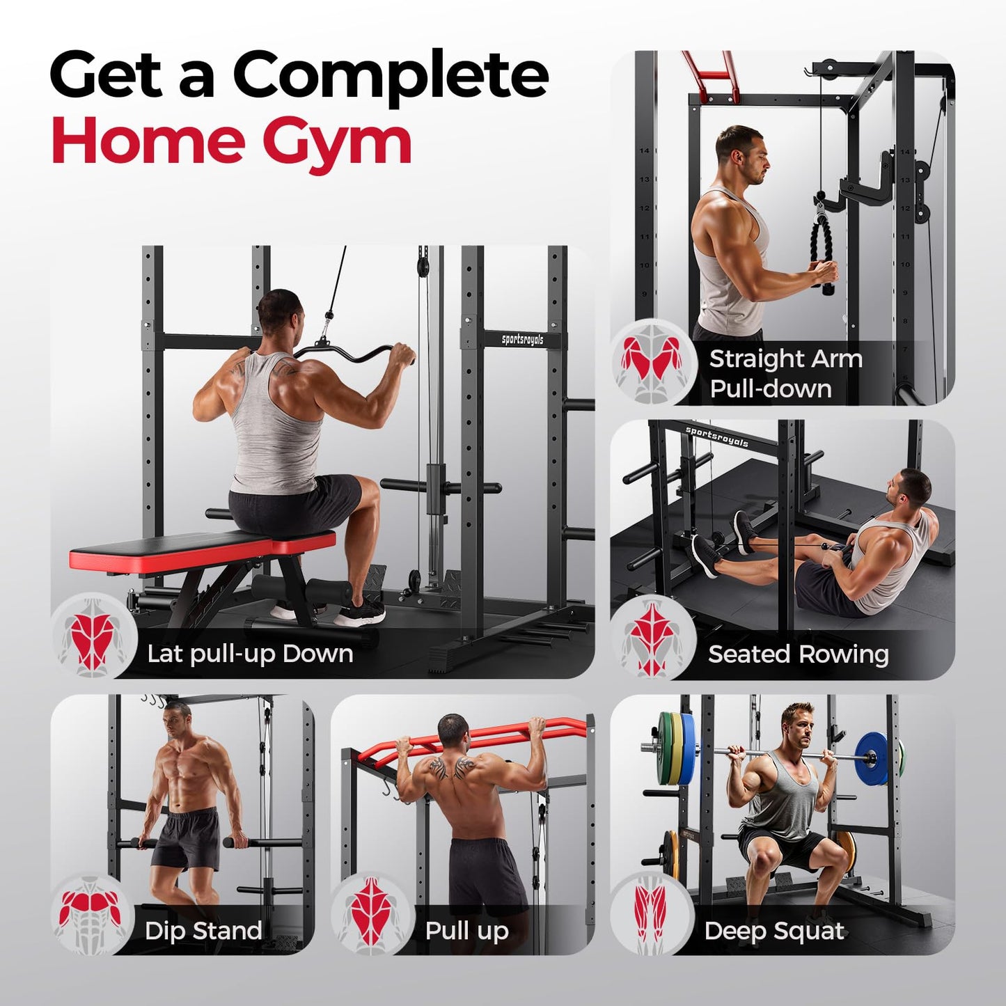 Sportsroyals Squat Rack, LAT Power Cage, Power Rack Multi-Function with Pulley System and Training Attachments for Home Gym