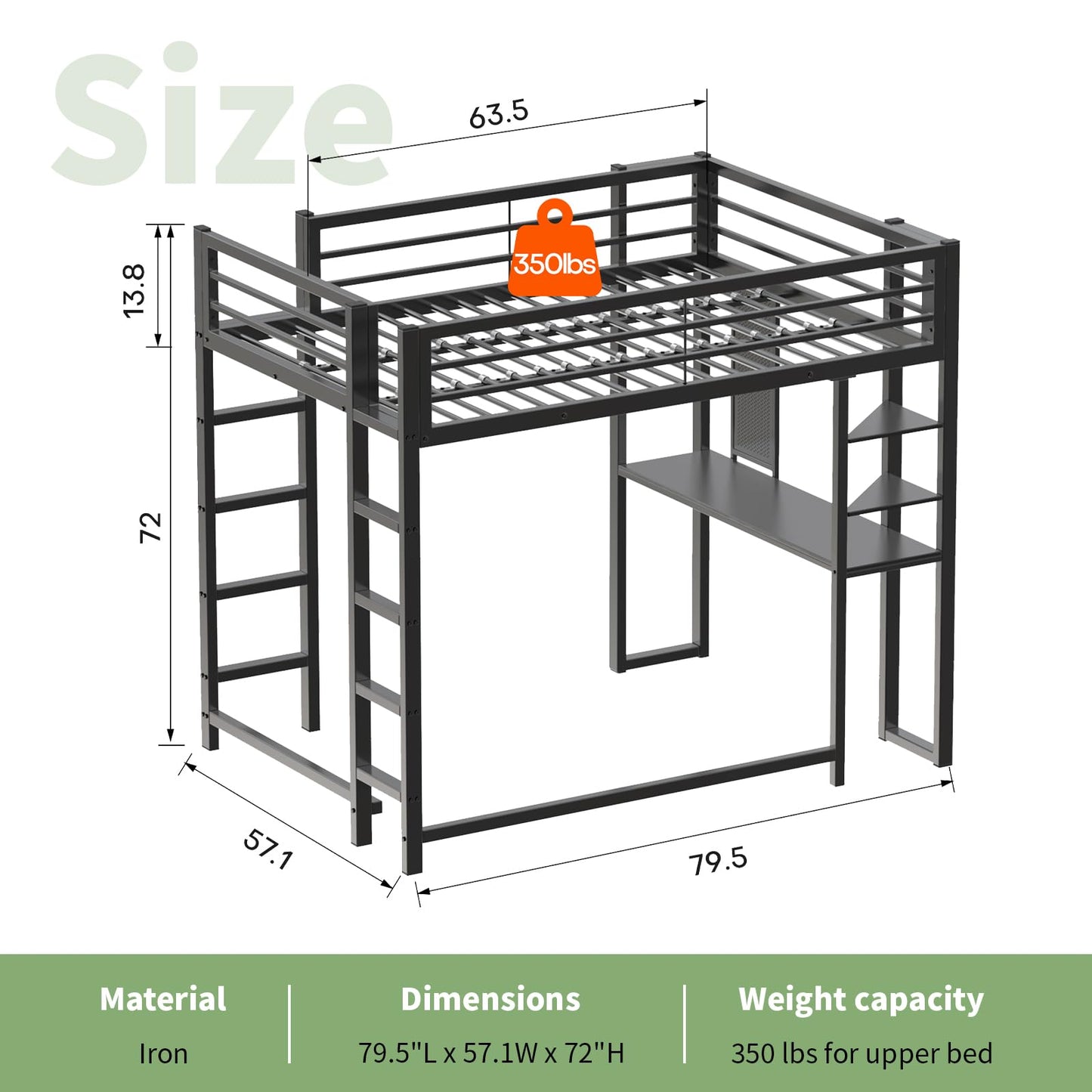 Full Size Metal Loft Bed with Desk and Storage Shelves, Black Loft Bed Frame for Teens Boys Girls, Space-Saving High Loft Bed with 13.8" Safety Guardrail & 350 lbs Capacity, No Box Spring Needed