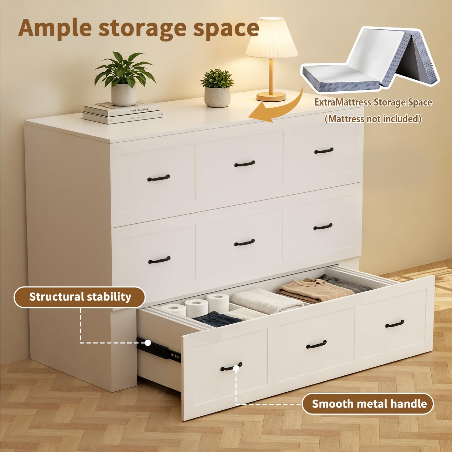NBEETISM Full Size Murphy Bed with Storage & Charging Station – Farmhouse Cabinet Bed, Space Saving & Noise-Free Wall Bed for Guest Bedroom, Living Room, Office, White