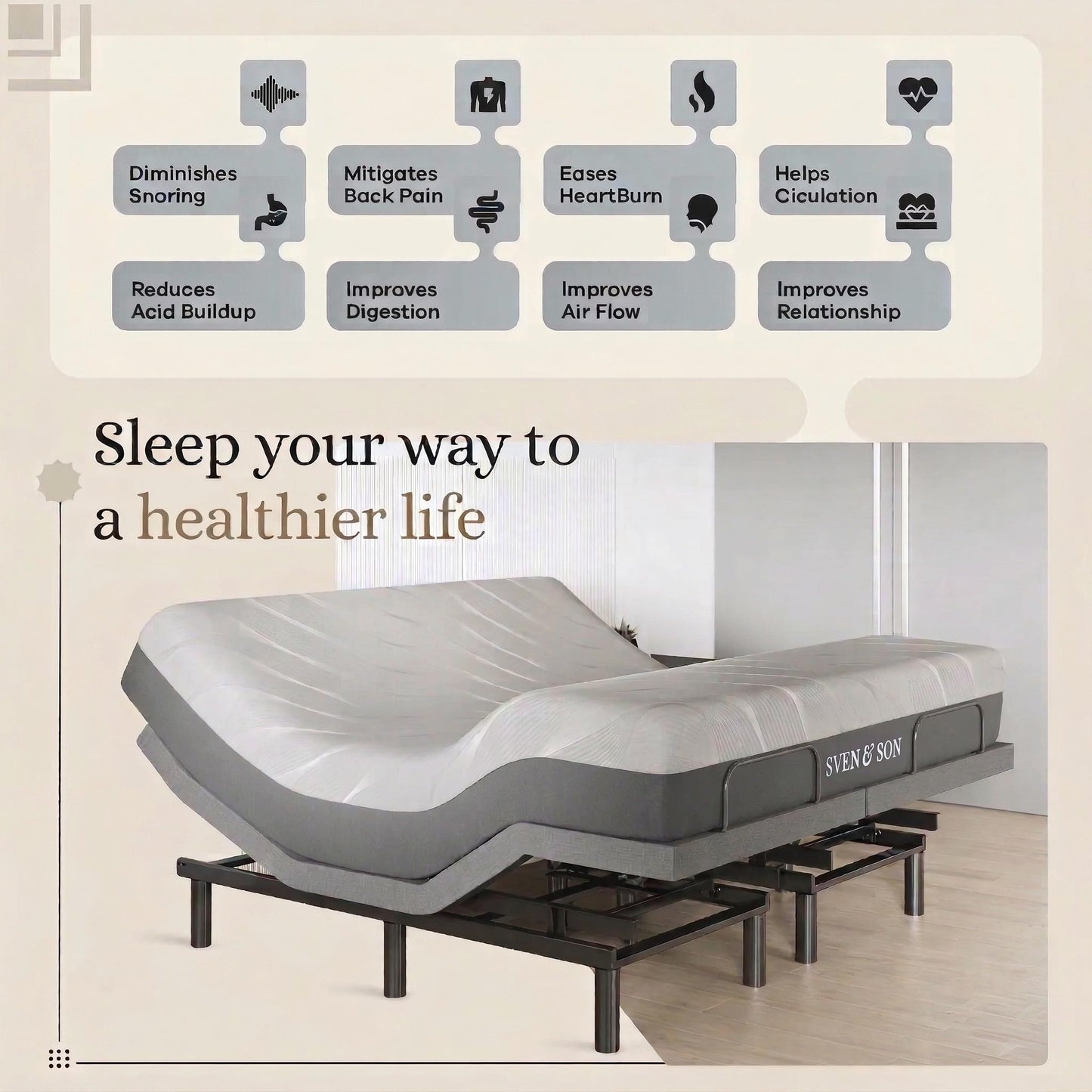 Sven & Son Harmony Adjustable Bed Base, Head and Foot Lift, Massage, Under-Bed Lights, USB, Gel Memory, Zero Gravity Smart Frame - King + 14 inch Hybrid Spring Matt (Medium Soft)