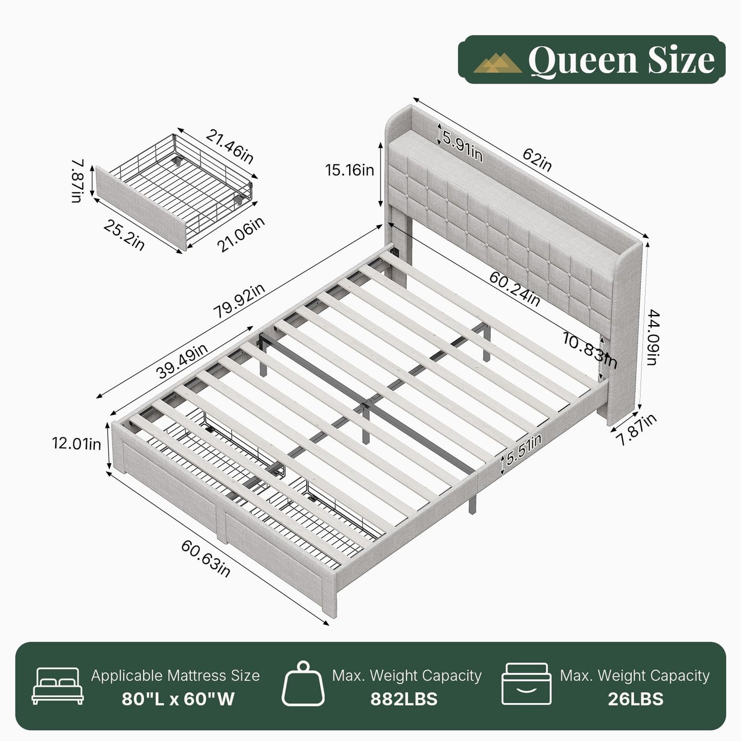 HAPPYMONT Full Size Storage Bed Frame, Square Tufted Headboard, Platform Bed with 2 Underbed Drawers at Foot, Wooden Slats Support, No Box Spring Needed, Light Gray