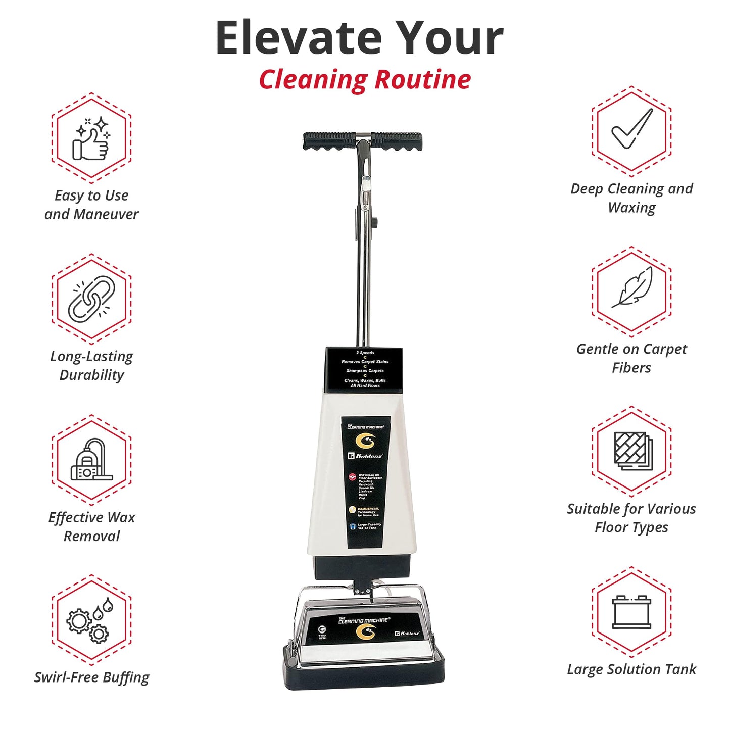 Koblenz P-2600A Carpet Shampooer Machine, 12 in Floor Polisher, Electric Floor Scrubber, 144 oz Tank, Twin Brushes, Scrubbing and Polishing Pads, Commercial Carpet Cleaner, White/Black