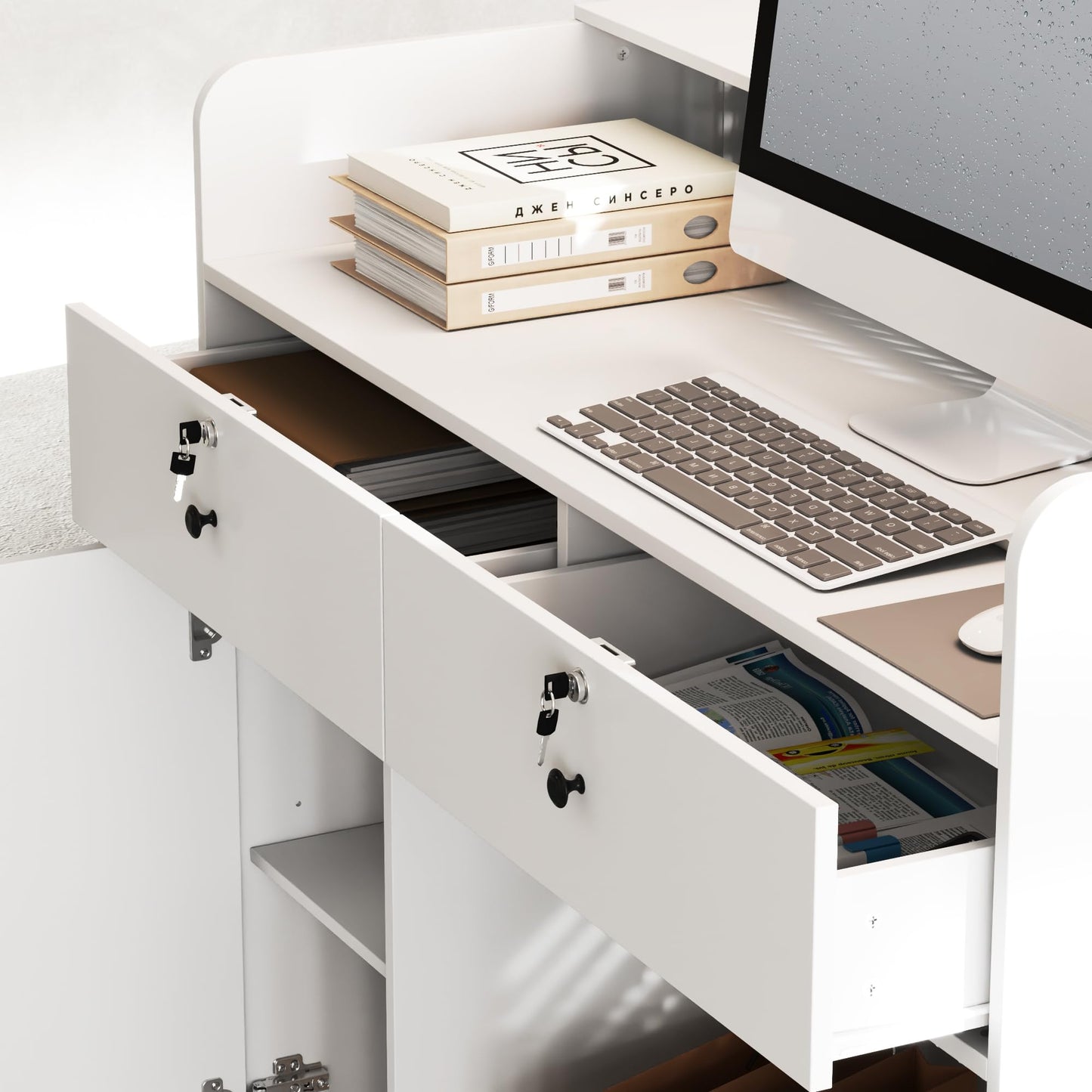 AIEGLE Reception Desk with Counter & Pegboard, Modern Retail Checkout Counter with 2 Lockable Drawers & Adjustable Shelf, 47.2" White Reception Room Table for Salon, Lobby, Office