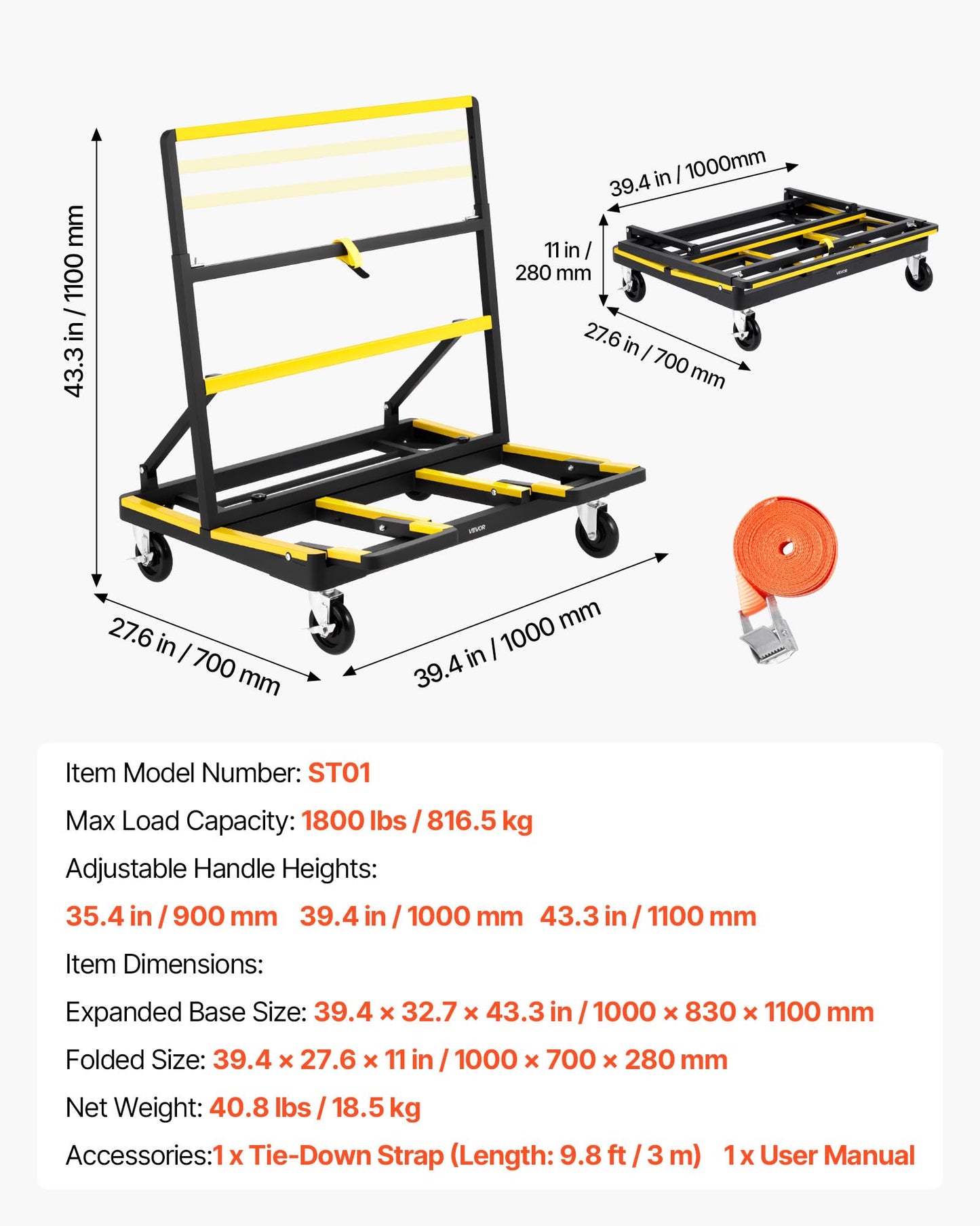 VEVOR Drywall Cart Dolly, 1800 lbs Load Capacity, Steel Panel Dolly with 4 Swivel Casters & Expandable Deck, Foldable Panel Truck Cart with Tie-Down Strap for Handling Plywood, Plasterboard, Glass