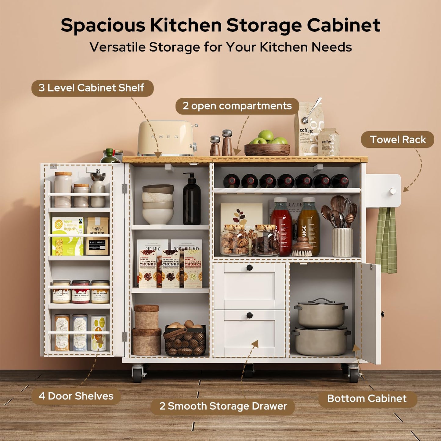 knoworld Rolling Kitchen Island with Storage Cabinet, 41.3'' Width Kitchen Cart with Desktop Drop Leaf Countertop, Portable Mobile Island with Towel Rack, Spice Rack Shelf, White
