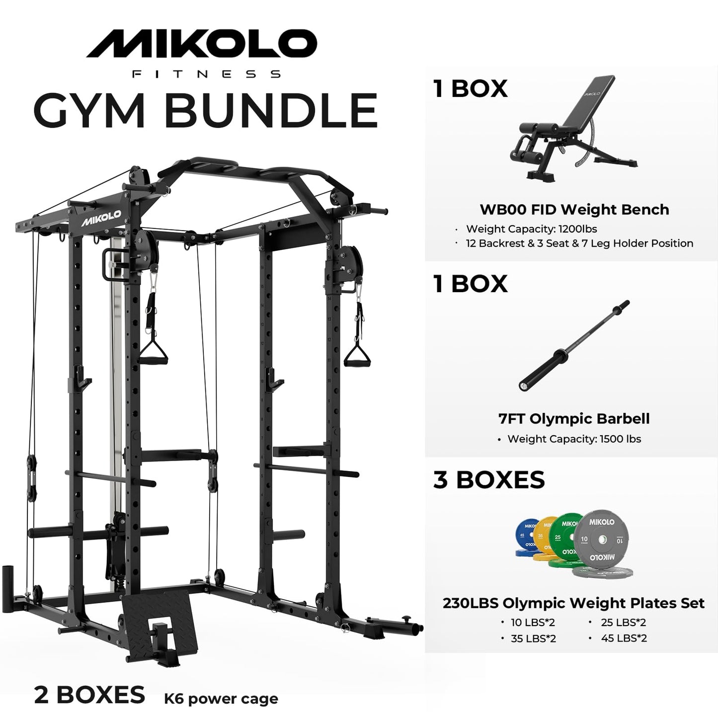 Mikolo K6 Power Cage, Power Rack with Cable Crossover System, Home Gym Packages with Weight Bench, Olympic Barbell, 230b Weight Set-Black
