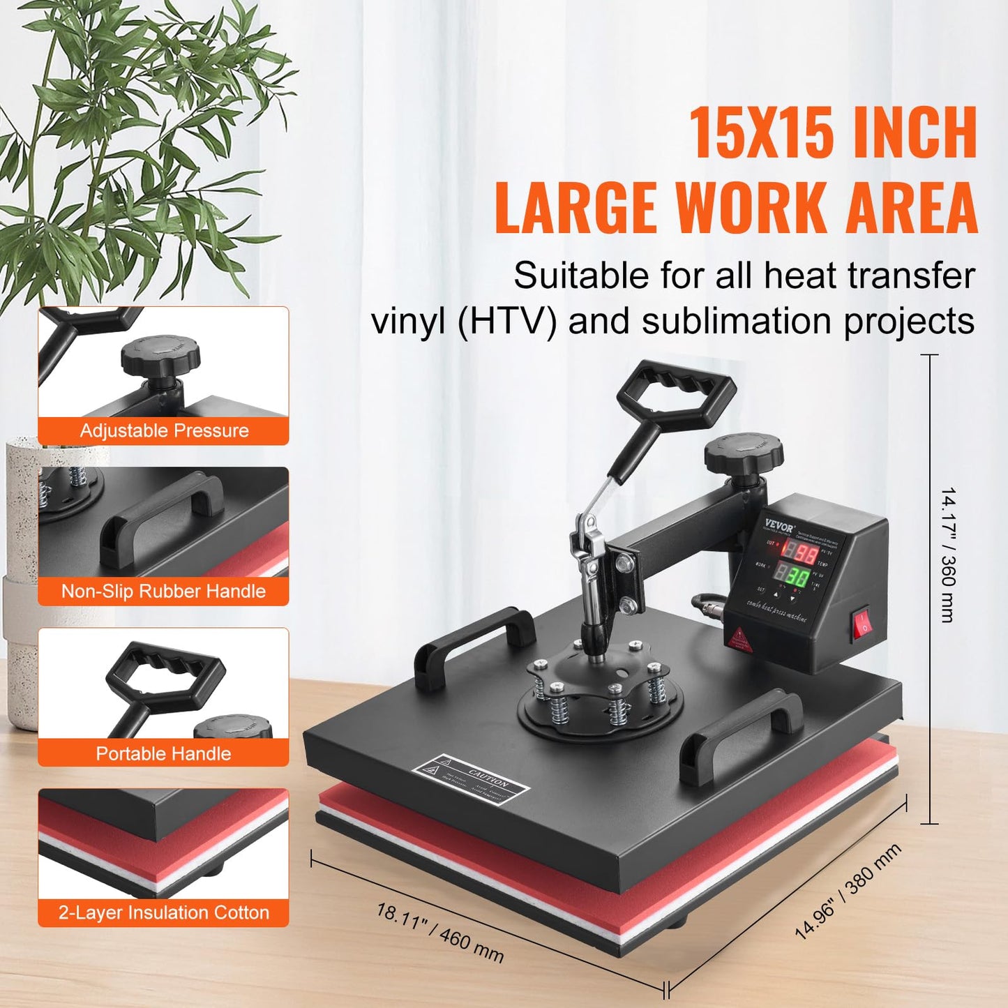VEVOR Heat Press Machine 8 in 1 Combo Heat Press 15x15 Inch Heat Transfer Machine 360-Degree Swing Away Digital Tshirt Press Multifunction Heat Transfer Sublimation for T Shirts Mugs Hats Plates Caps