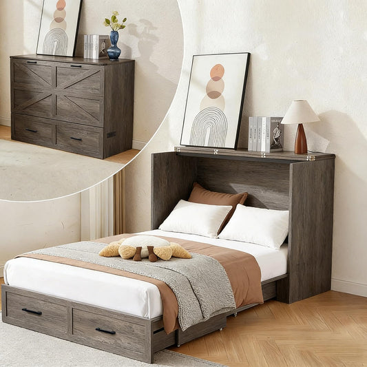 UYIHOME Full Murphy Bed Cabinet with Charging Station and Storage, Farmhouse Foldable Platform Bed for Guest Bedroom,Home Office Bed Frame with Storage,Rustic Grey (Full Size)
