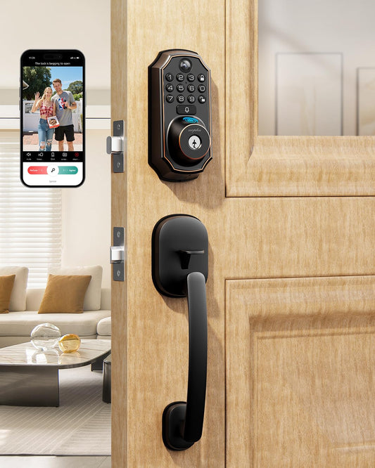 ARPHA Keyless Entry Deadbolt with Handle Set - WiFi Smart Lock with Camera, 5-in-1 Camera+Doorbell+Fingerprint+Keypad, App Control, Auto Lock, Easy Install, Waterproof for Front Door（Black）