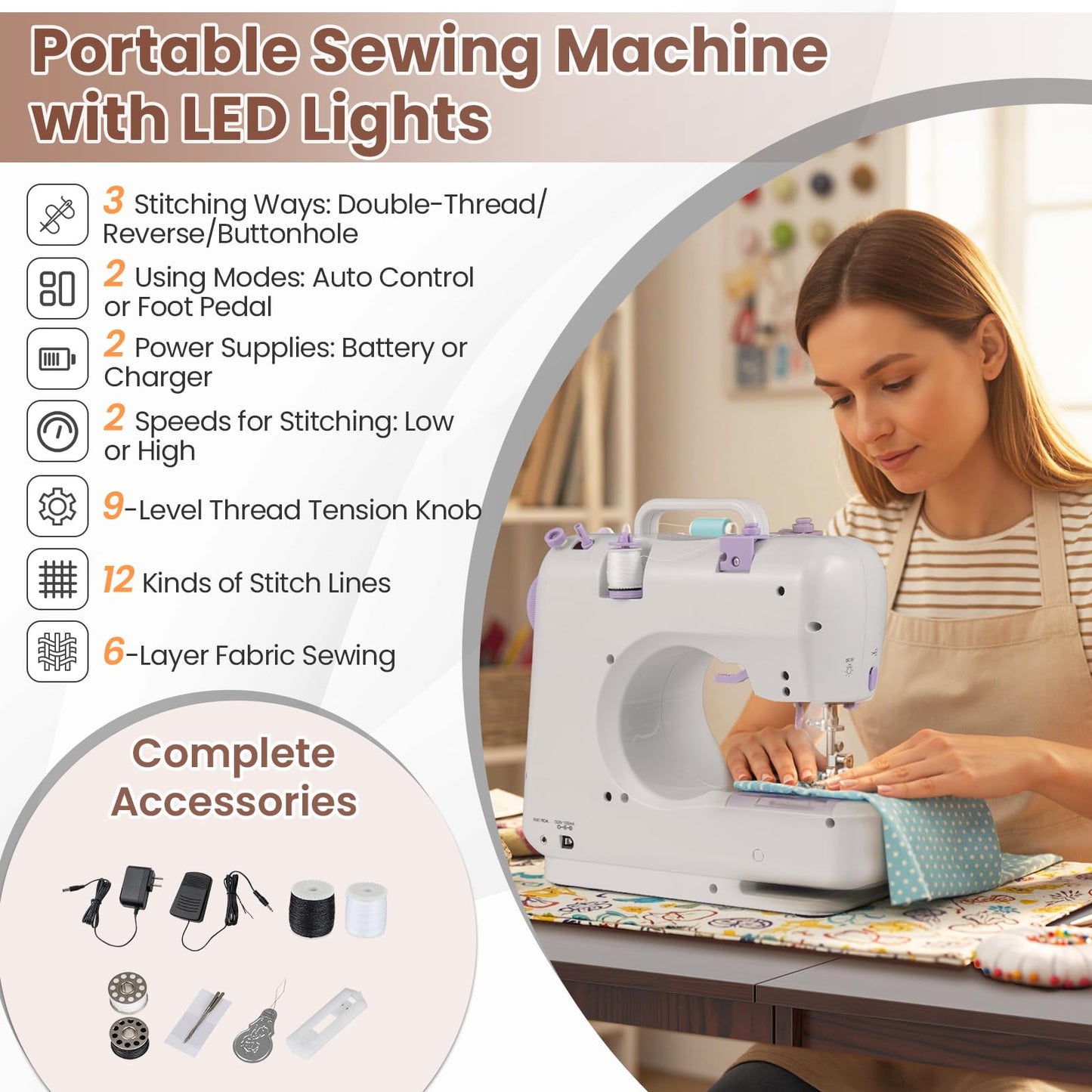 COSTWAY Folding Sewing Table with Portable Sewing Machine, 3 in 1 Drop Leaf Craft Table, Rolling Sewing Machine Desk with Charging Station, 3 Trays, Lower Shelf, 5 Universal Casters (Brown)