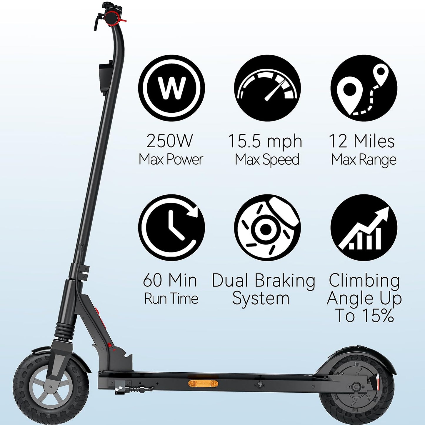 Electric Scooter for Big Kids/Teens - 250W Motor, 15.5 mph Top Speed, Rear Foot Brake, Folding E-Scooter for Riders up to 220 lbs, UL-2272 Certified, Black
