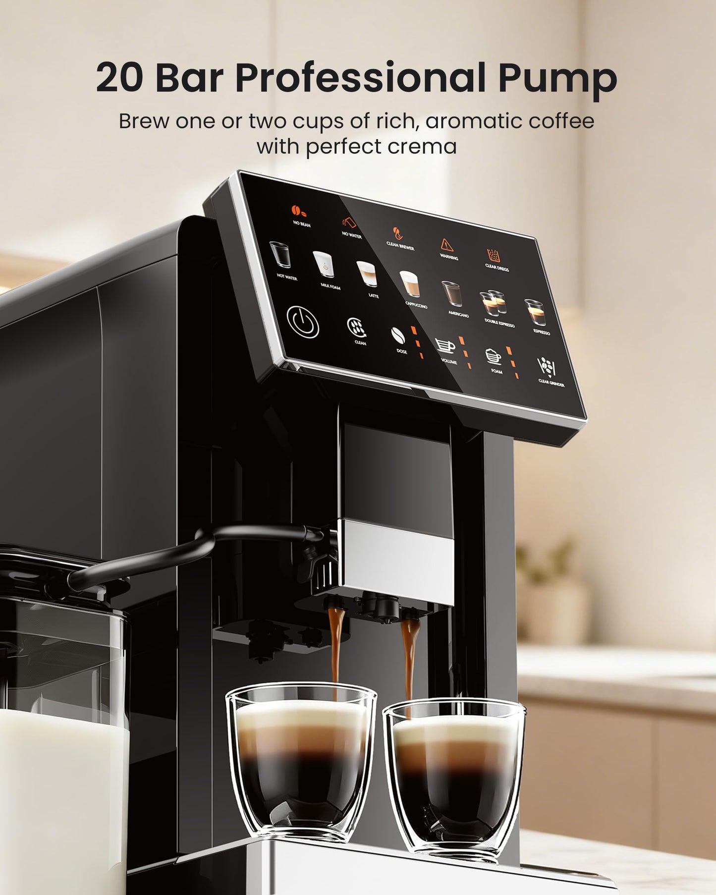 ICEVIVAL Fully Automatic Espresso Machine with Grinder, 20 Bar Coffee Maker with Milk Frother, Touchscreen Espresso Machine for Cappuccino, Latte & Americano, 15 Grind Settings, Self-Cleaning (Black)